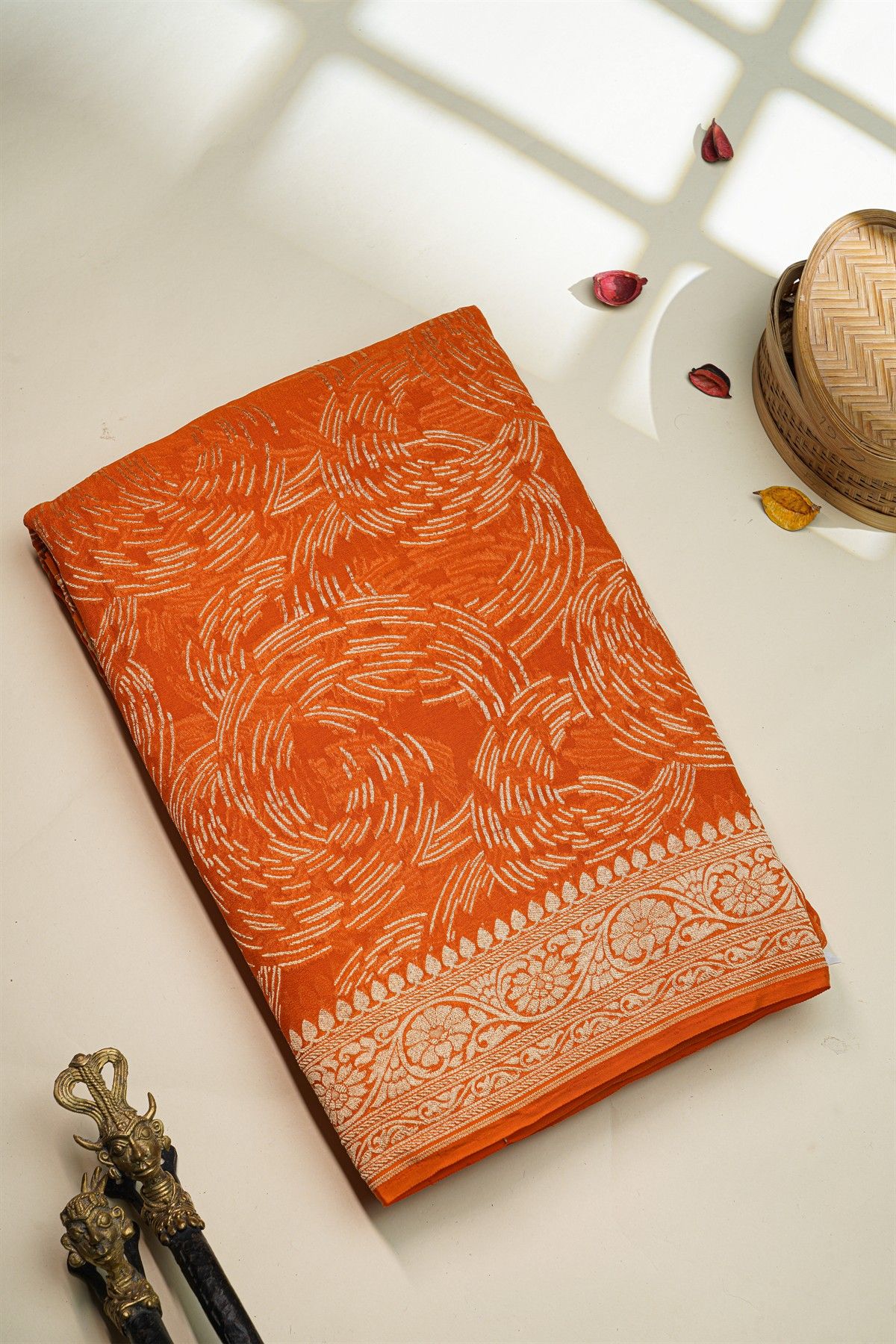Banarasi Kaddi Georgette Orange Saree With Geometric Shapes Body