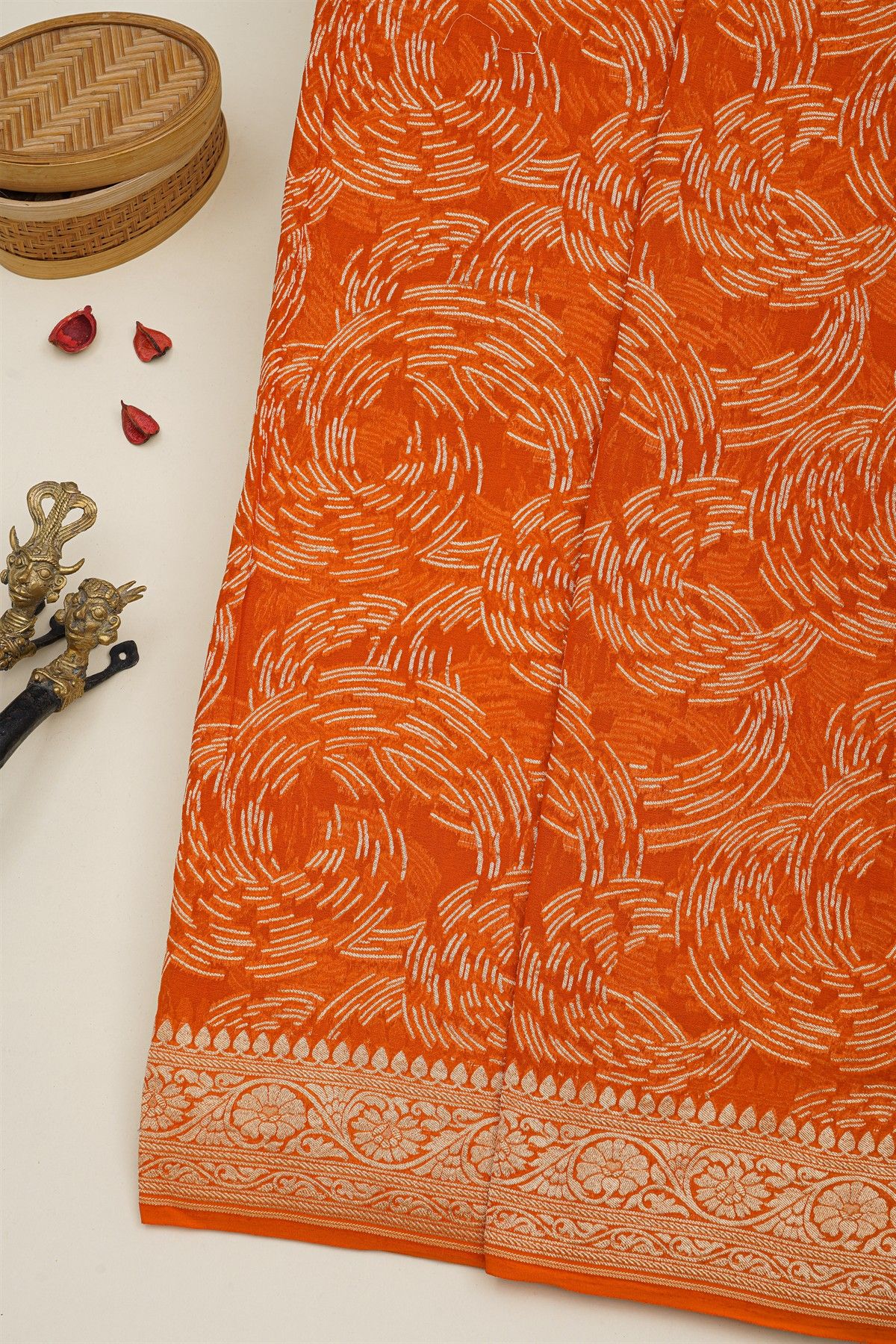Banarasi Kaddi Georgette Orange Saree With Geometric Shapes Body