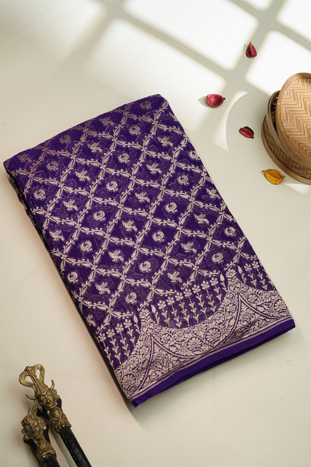 Banarasi Kaddi Georgette Navy Blue Saree With Birds And Florals In Cross Checks Body