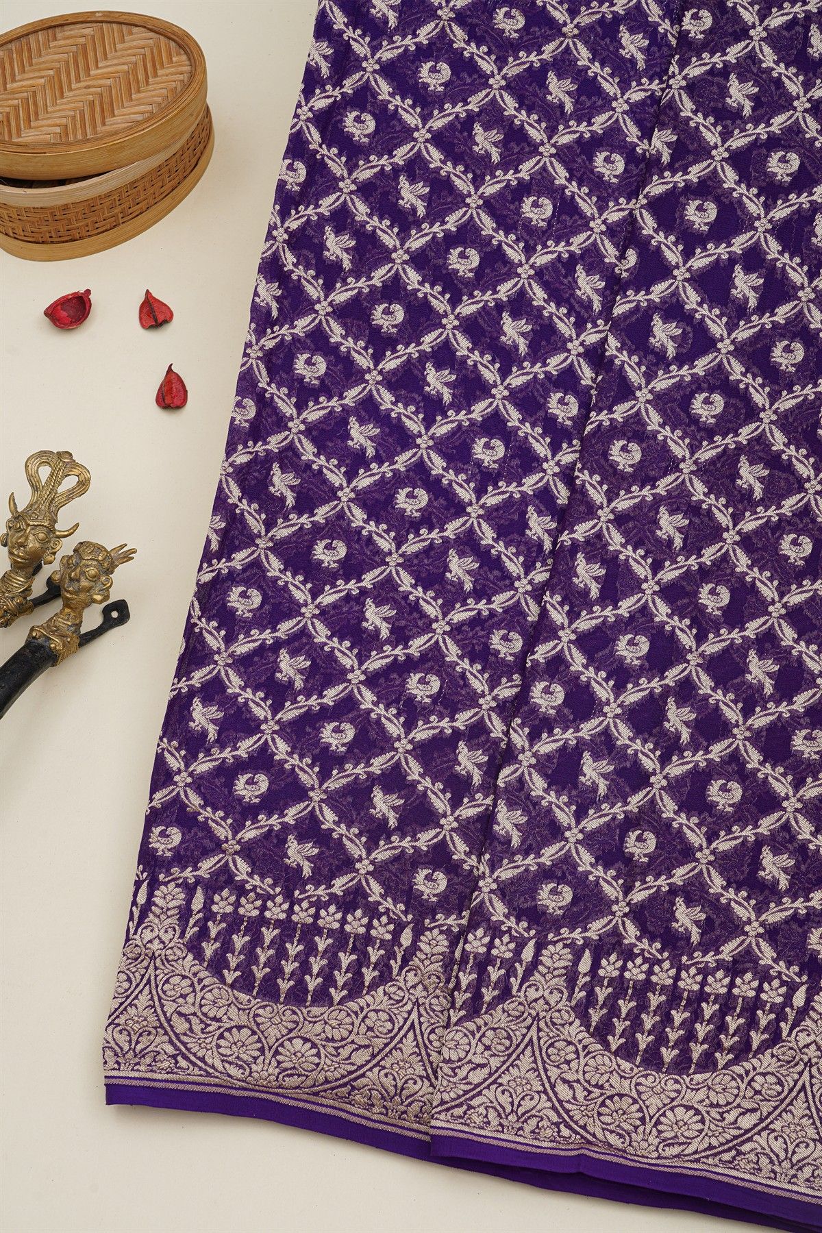 Banarasi Kaddi Georgette Navy Blue Saree With Birds And Florals In Cross Checks Body