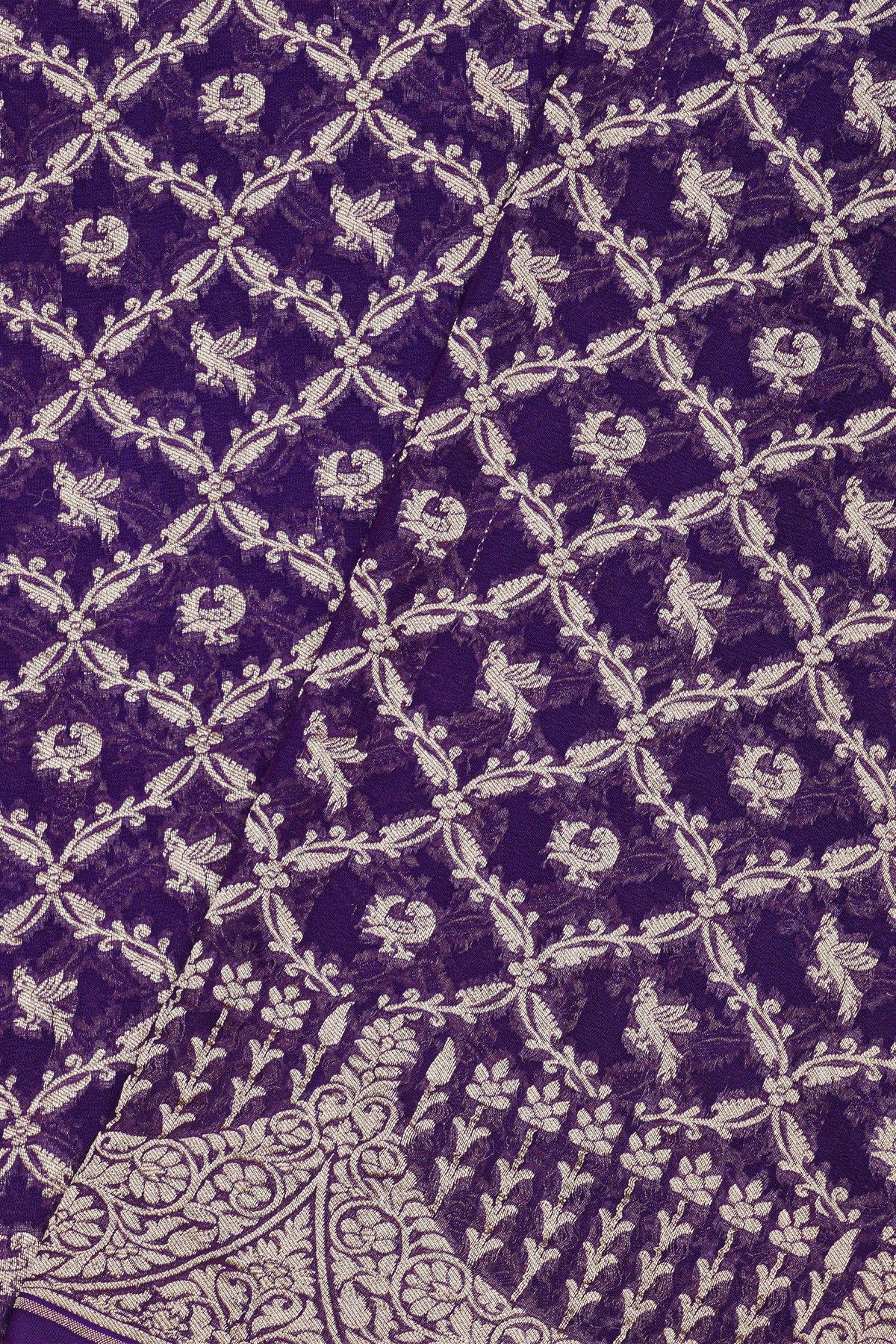 Banarasi Kaddi Georgette Navy Blue Saree With Birds And Florals In Cross Checks Body