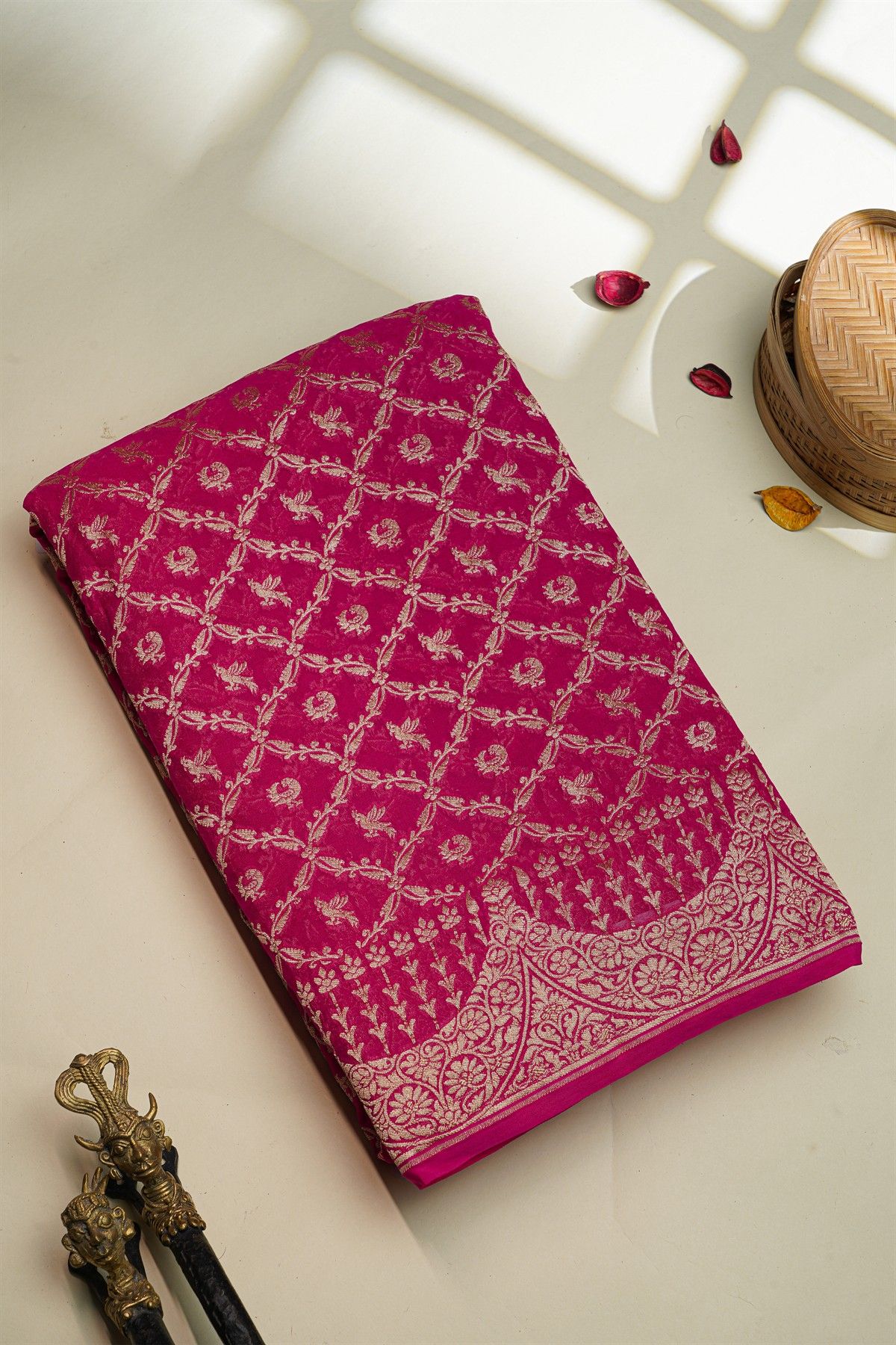 Banarasi Kaddi Georgette Magenta Saree With Birds And Florals In Cross Checks Body