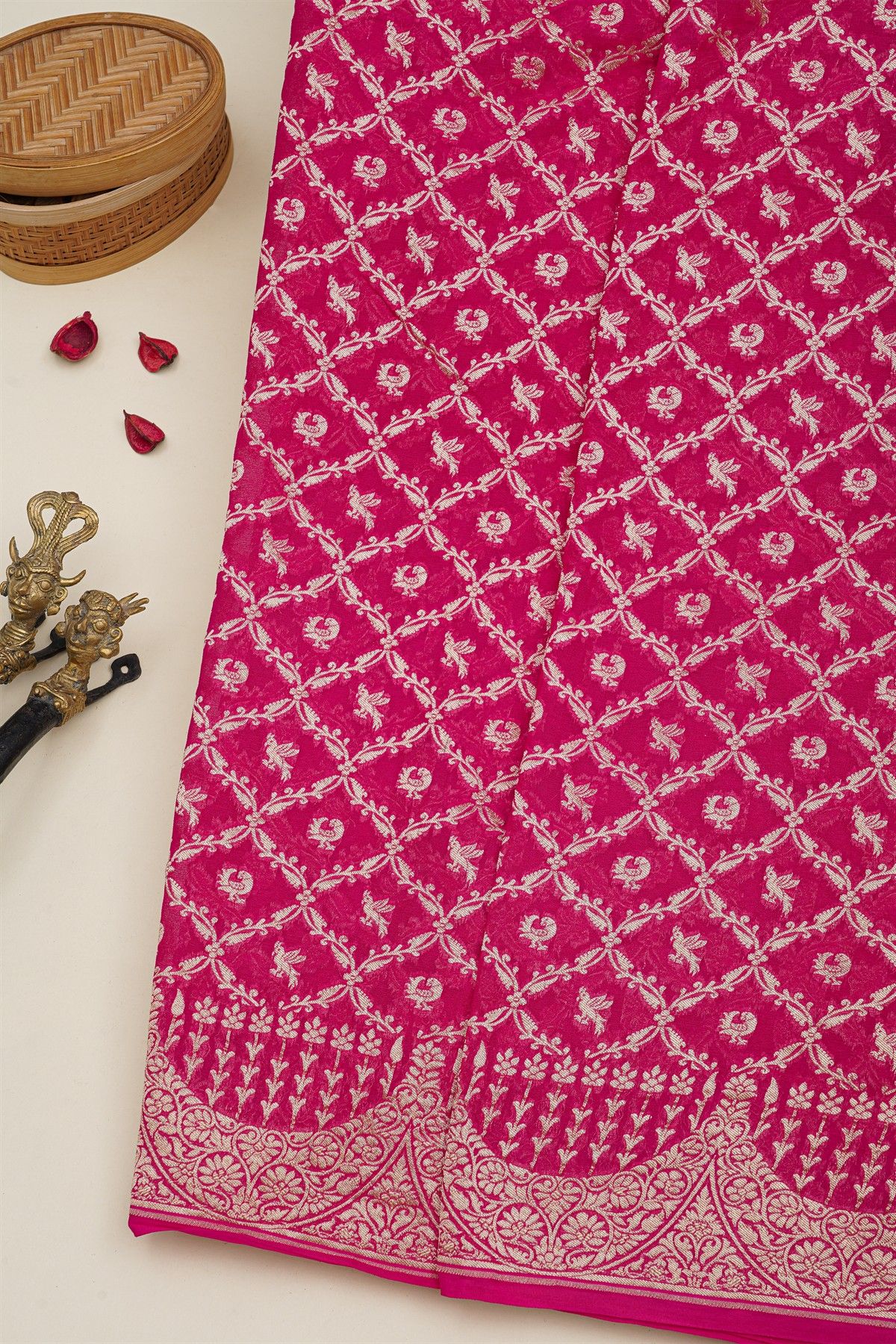 Banarasi Kaddi Georgette Magenta Saree With Birds And Florals In Cross Checks Body