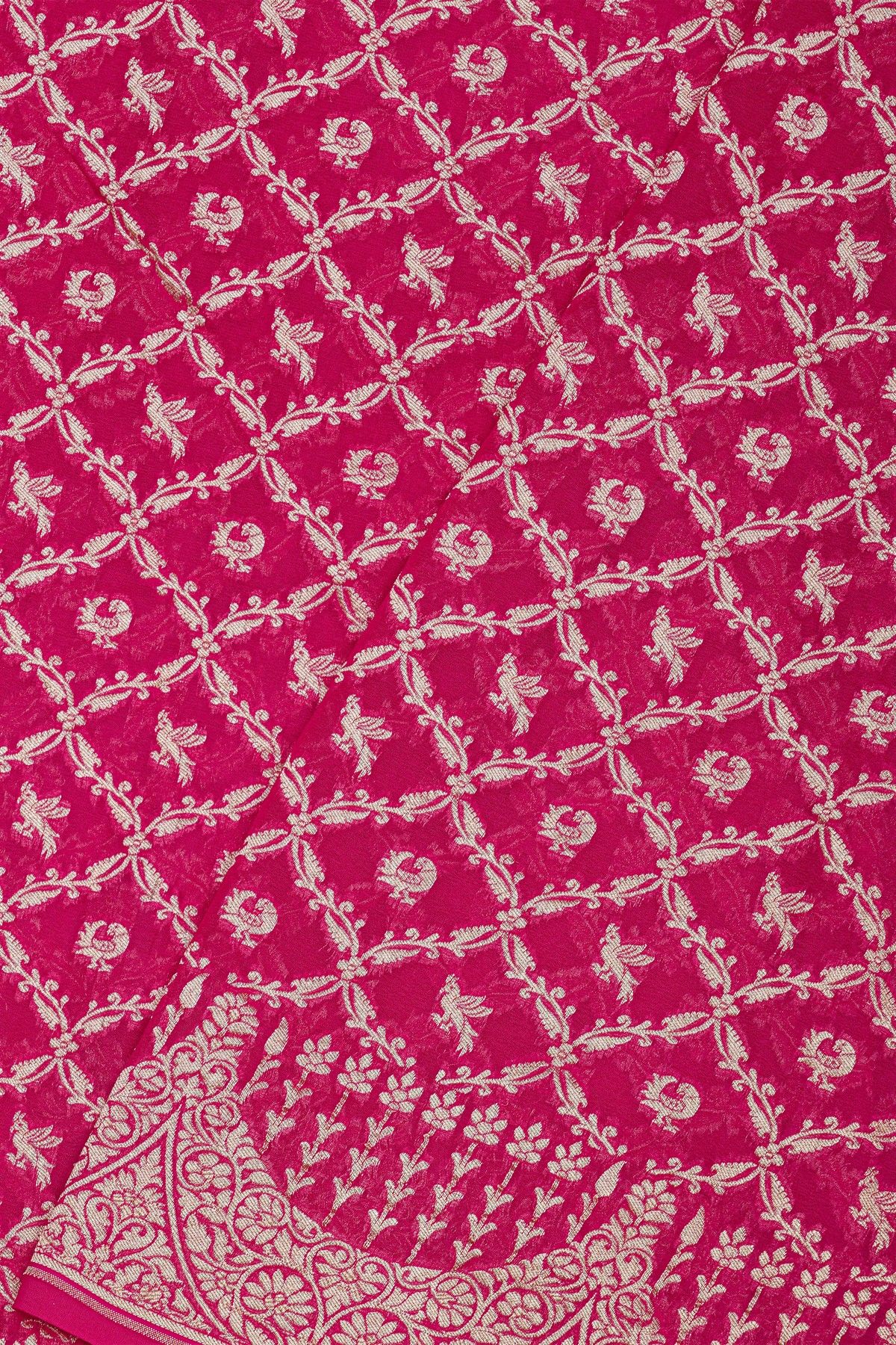Banarasi Kaddi Georgette Magenta Saree With Birds And Florals In Cross Checks Body