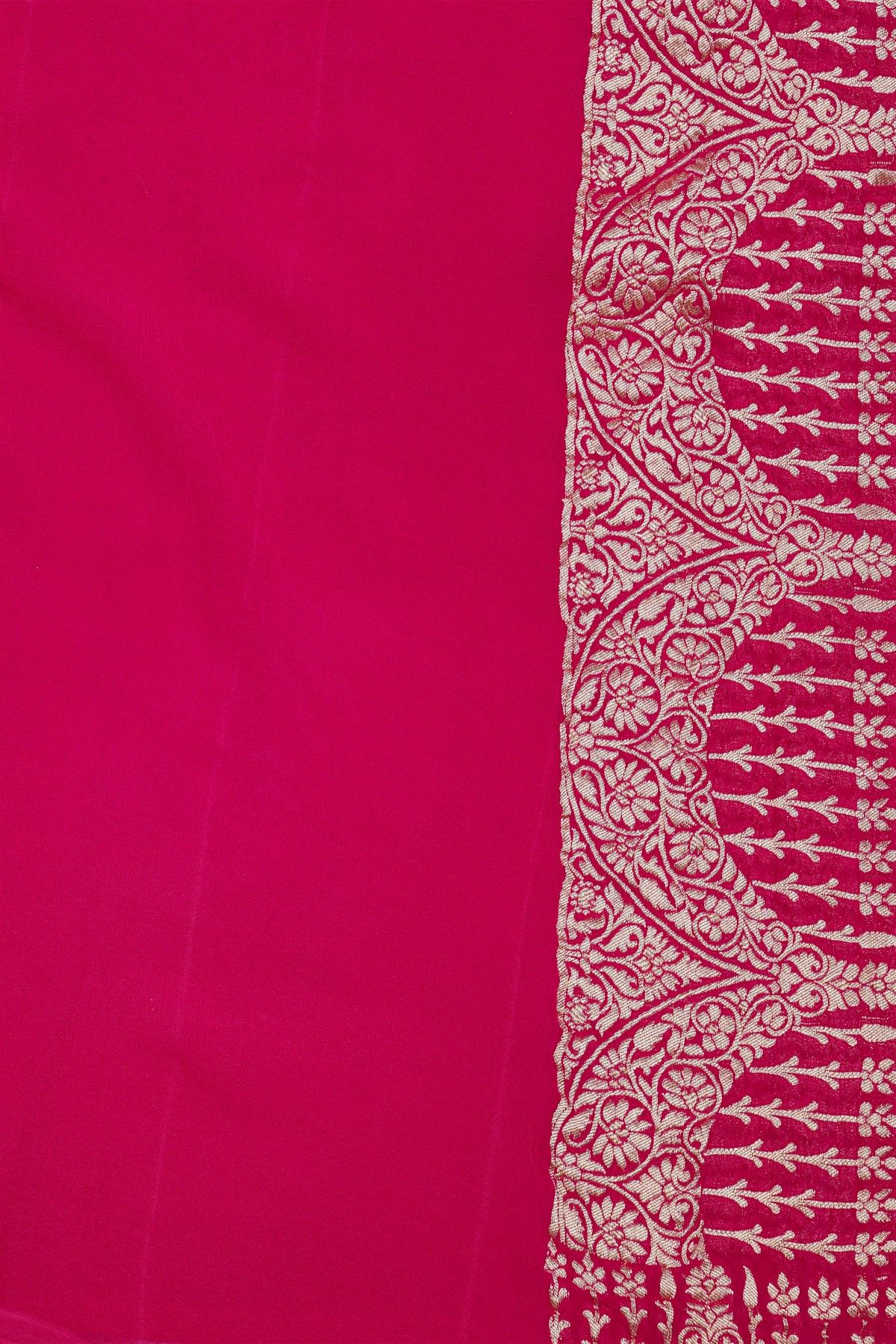 Banarasi Kaddi Georgette Magenta Saree With Birds And Florals In Cross Checks Body
