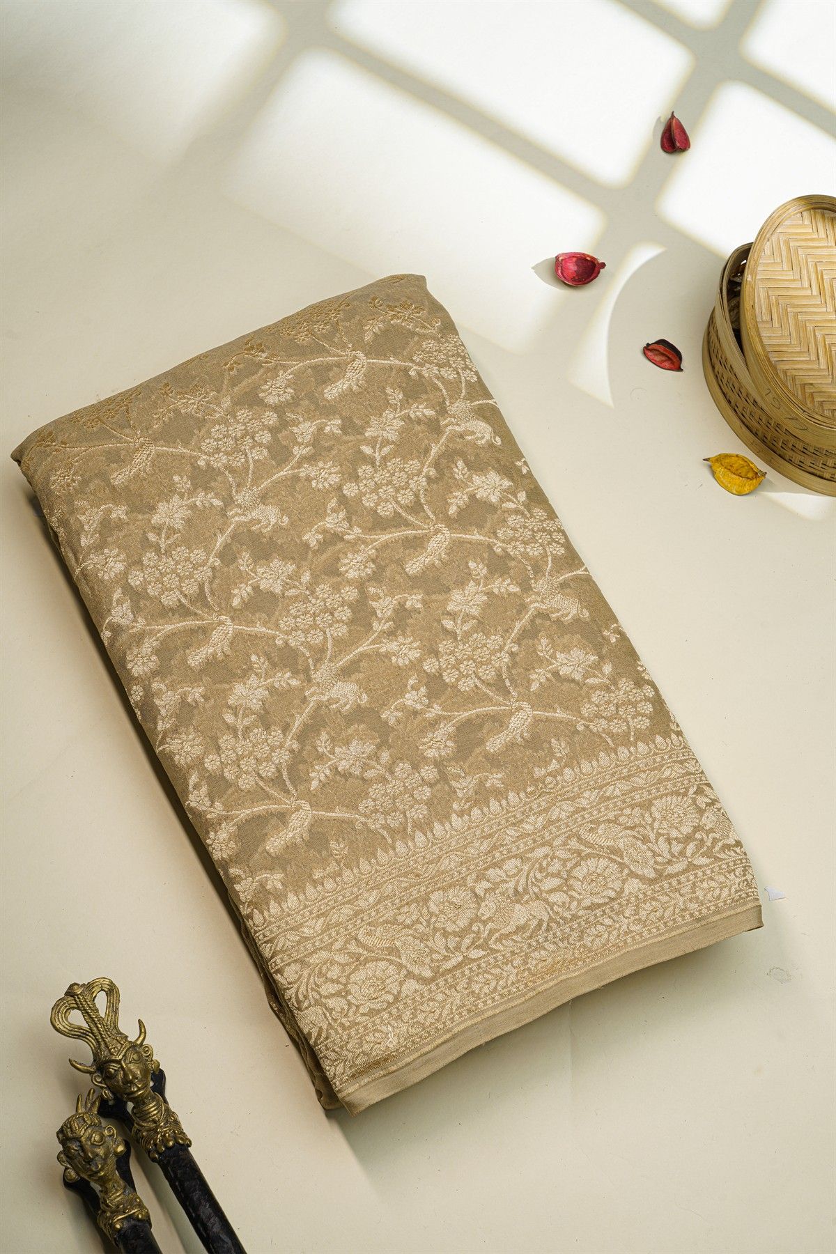 Banarasi Kaddi Georgette Beige Saree With Florals And Animals Body