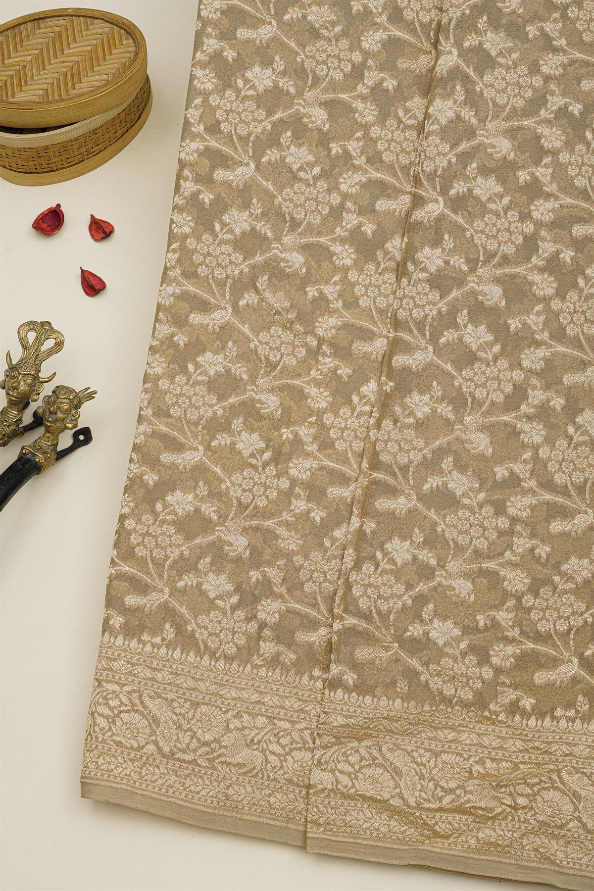 Banarasi Kaddi Georgette Beige Saree With Florals And Animals Body