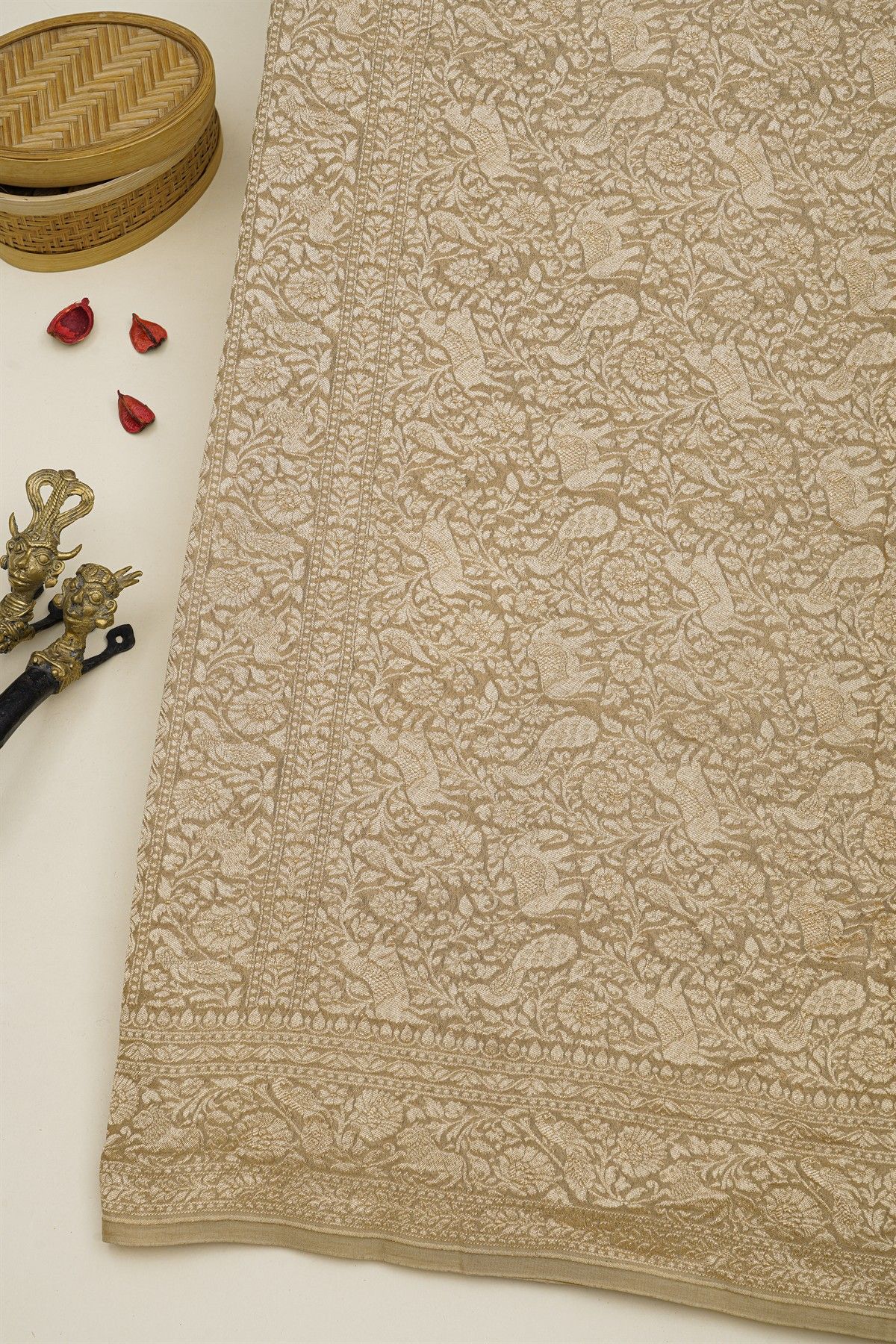 Banarasi Kaddi Georgette Beige Saree With Florals And Animals Body
