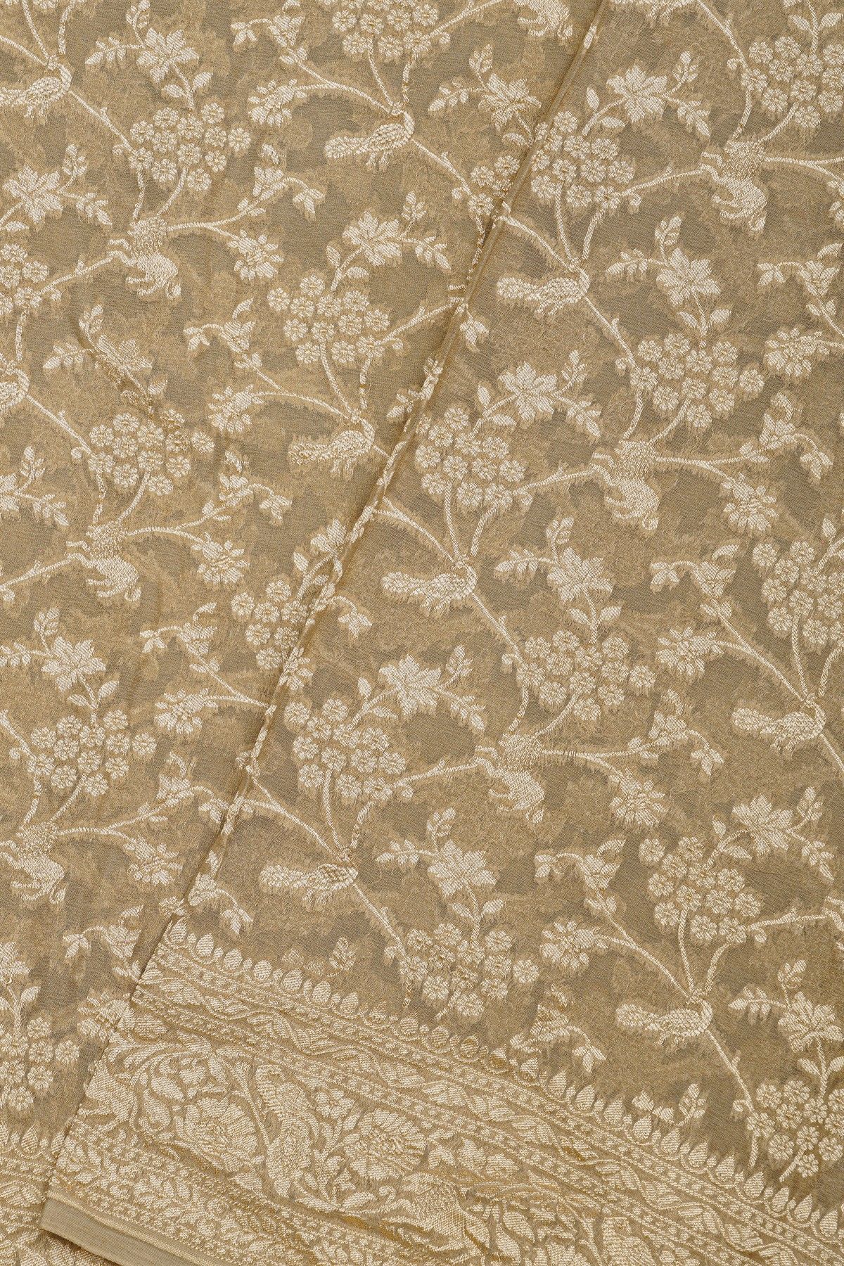 Banarasi Kaddi Georgette Beige Saree With Florals And Animals Body