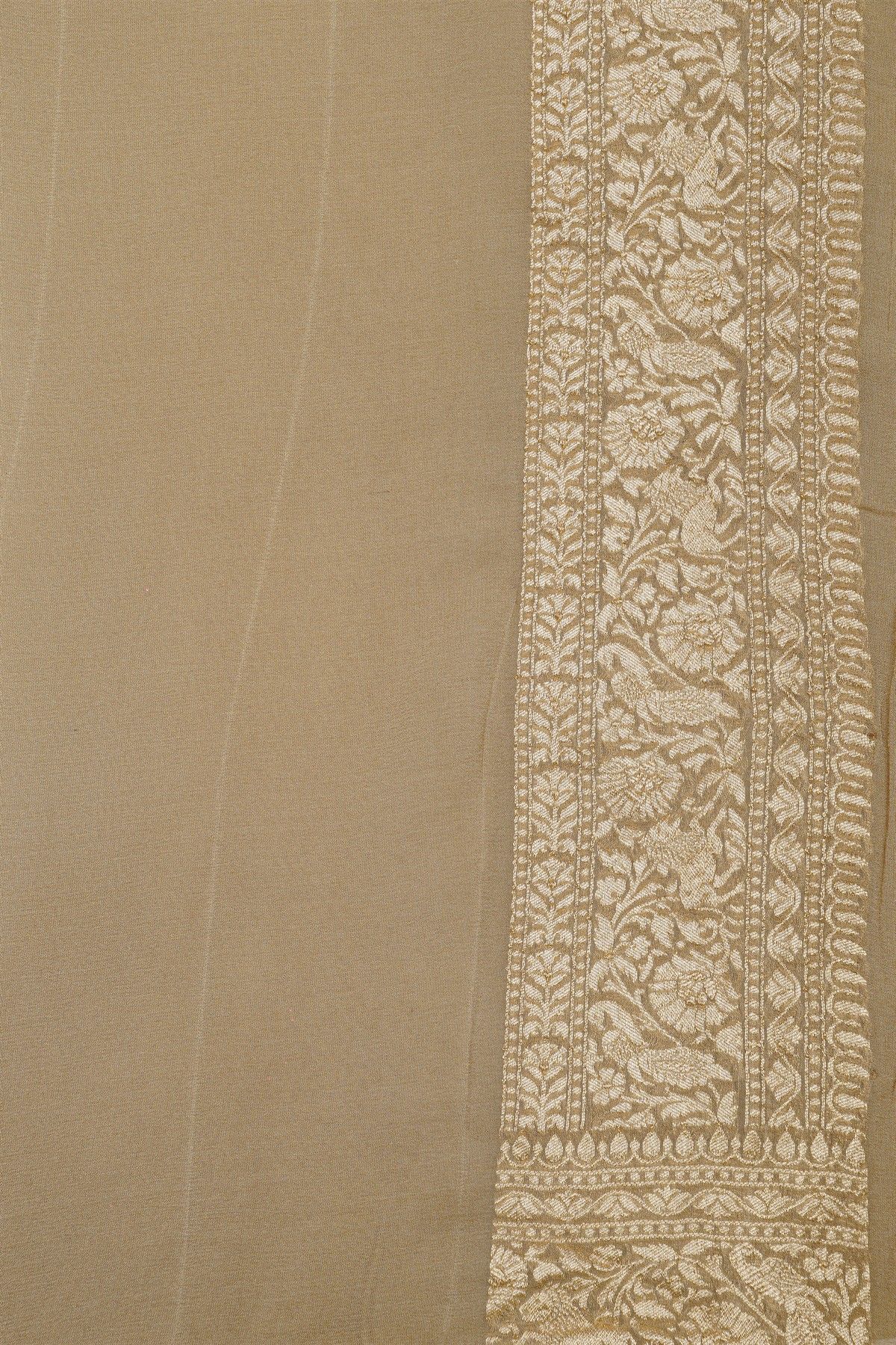 Banarasi Kaddi Georgette Beige Saree With Florals And Animals Body