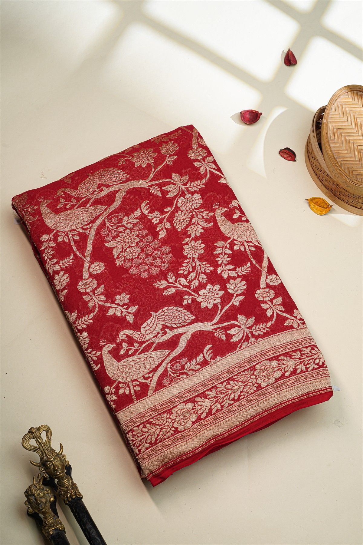 Banarasi Kaddi Georgette Red Saree With Florals And Peacocks In Zari Body