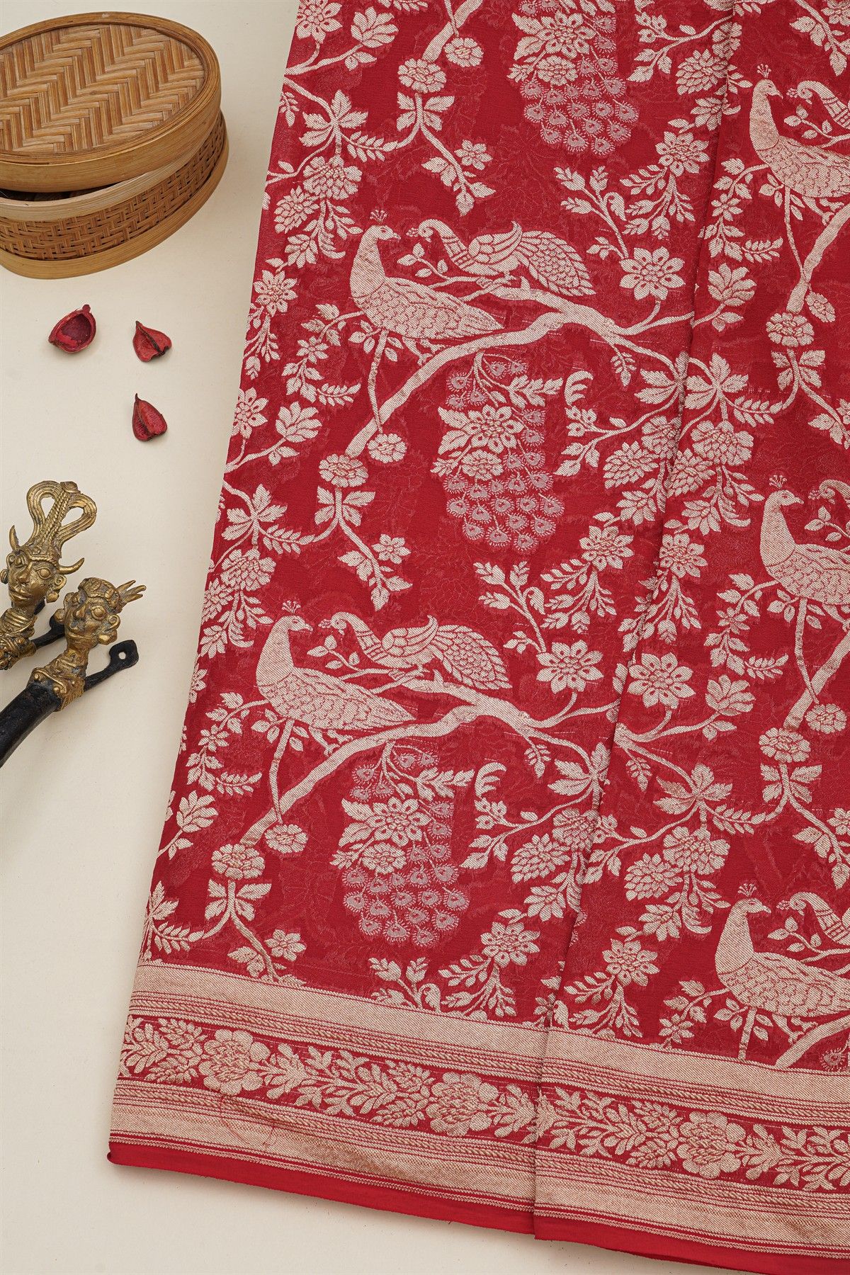 Banarasi Kaddi Georgette Red Saree With Florals And Peacocks In Zari Body