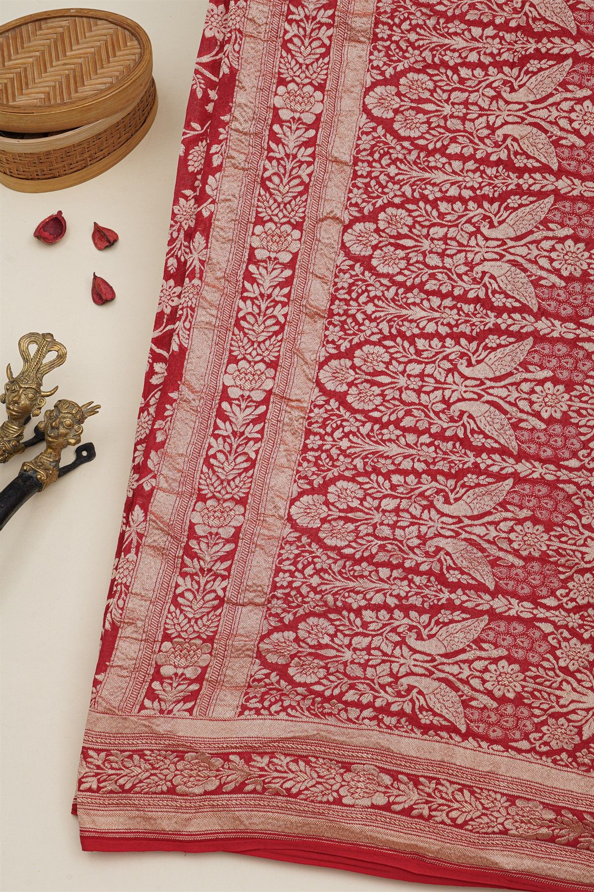 Banarasi Kaddi Georgette Red Saree With Florals And Peacocks In Zari Body