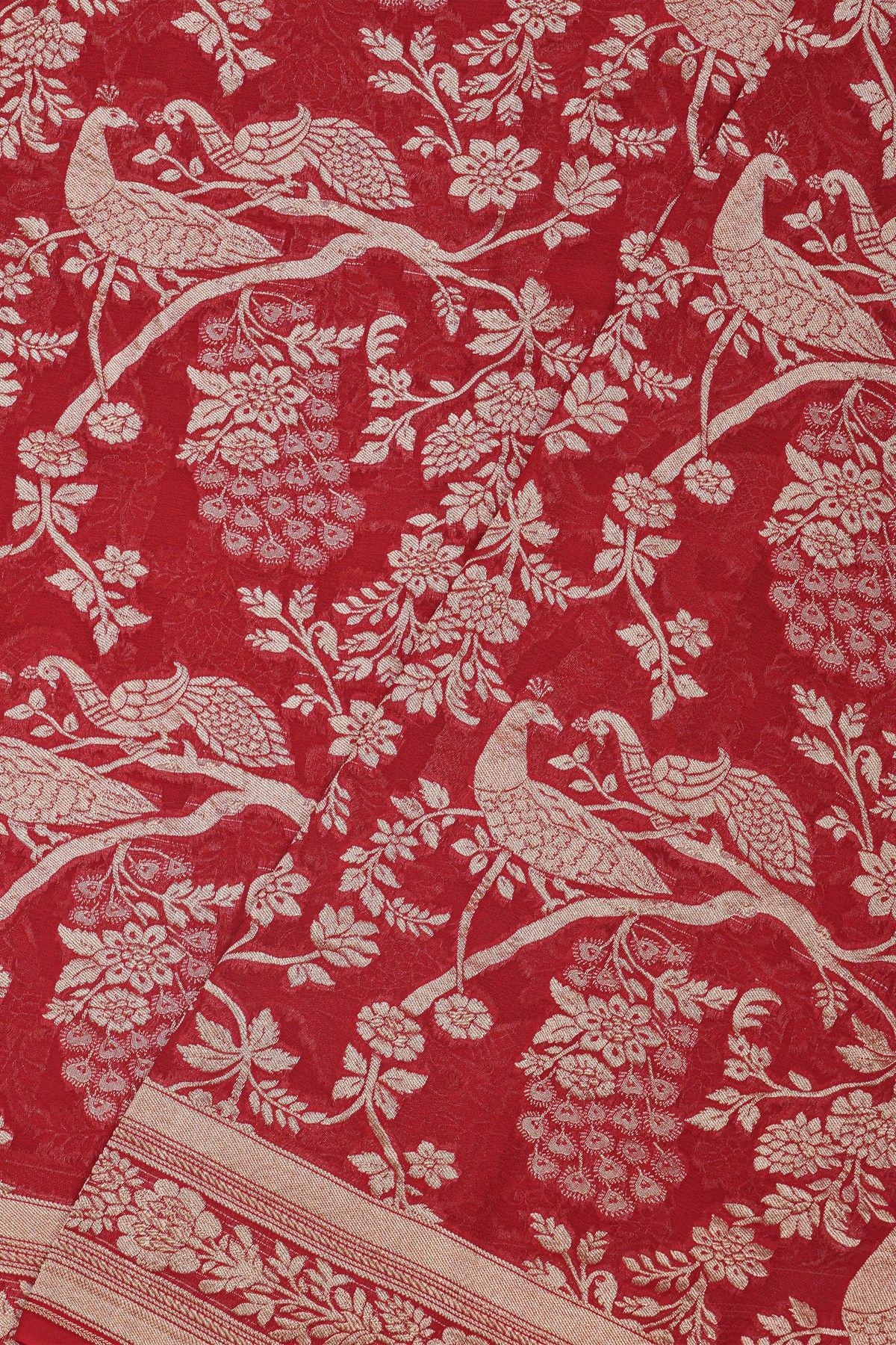Banarasi Kaddi Georgette Red Saree With Florals And Peacocks In Zari Body