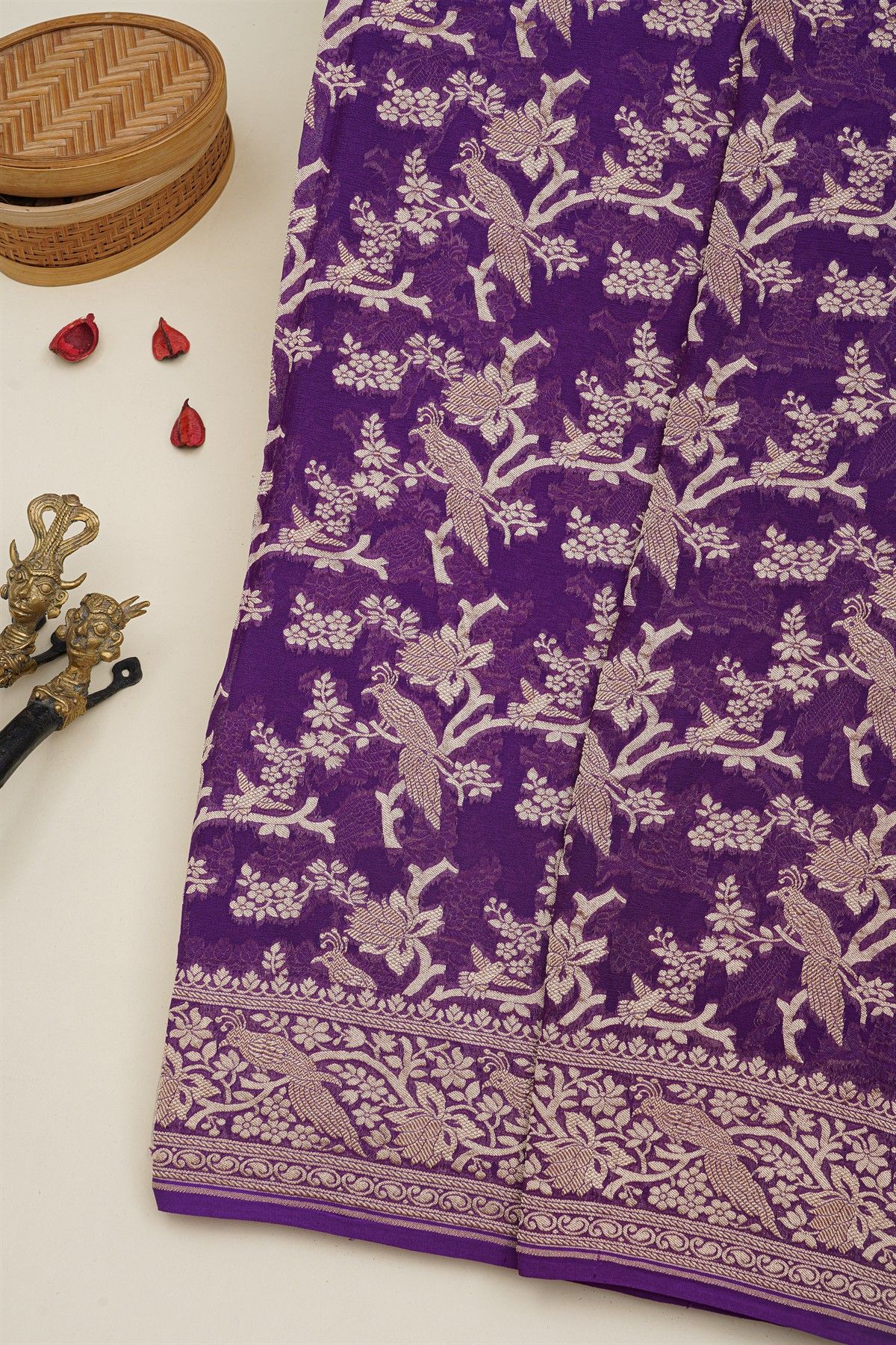 Banarasi Kaddi Georgette Purple Saree With Florals And Peacocks In Zari Body