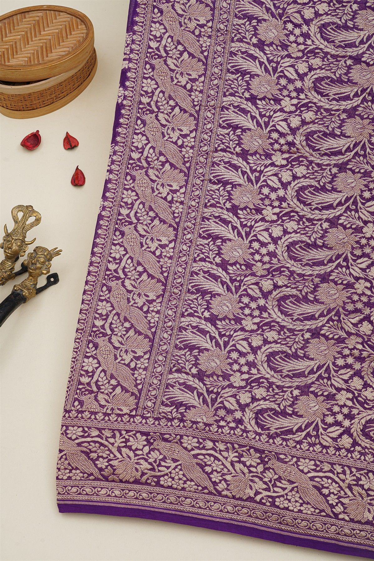 Banarasi Kaddi Georgette Purple Saree With Florals And Peacocks In Zari Body