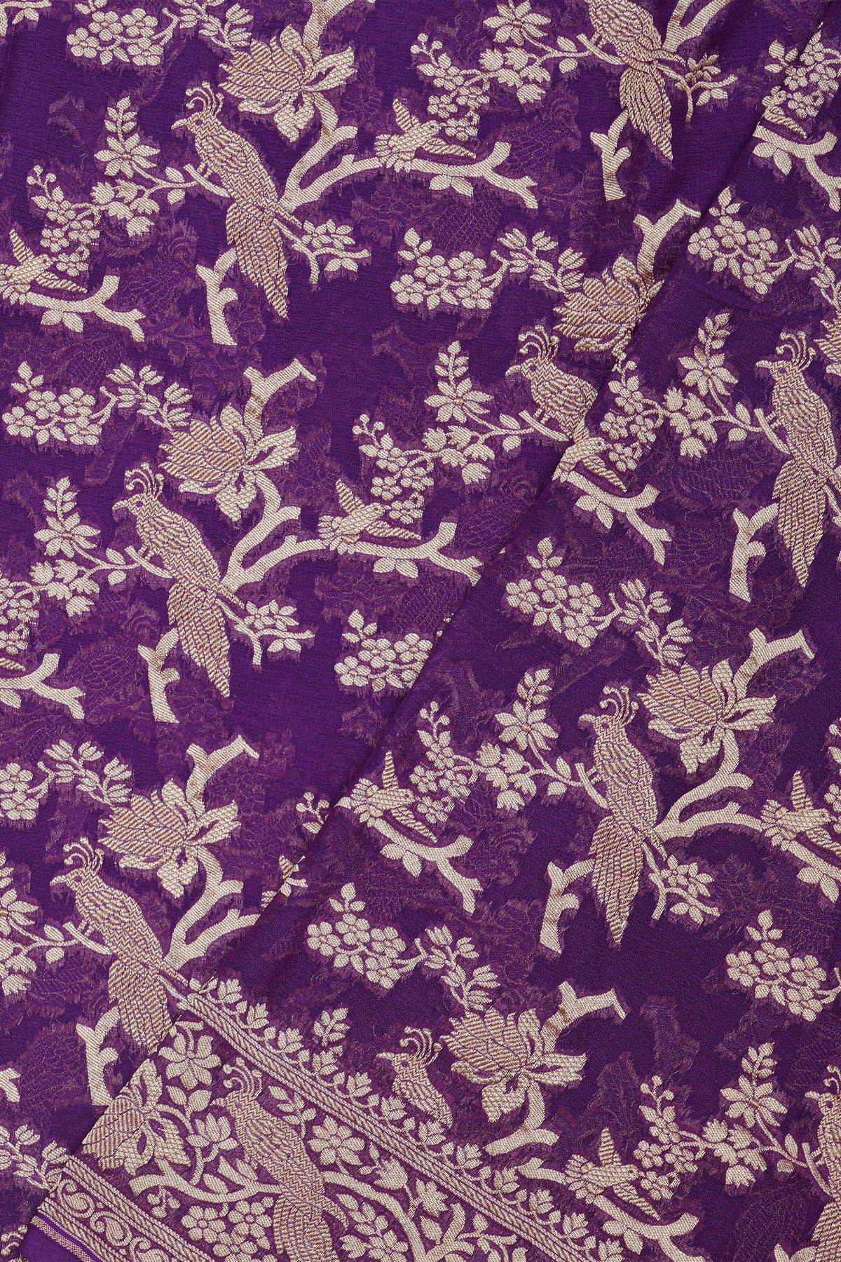 Banarasi Kaddi Georgette Purple Saree With Florals And Peacocks In Zari Body