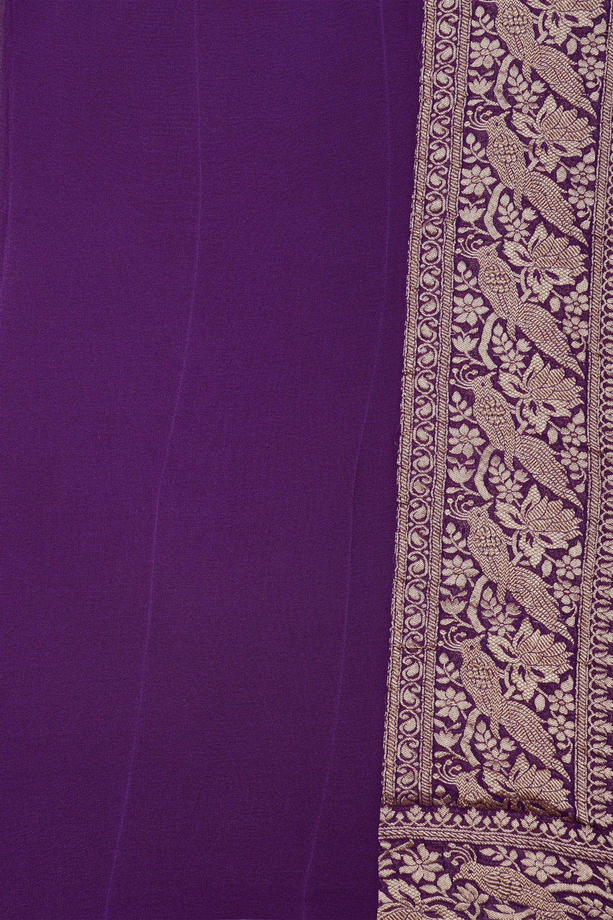 Banarasi Kaddi Georgette Purple Saree With Florals And Peacocks In Zari Body