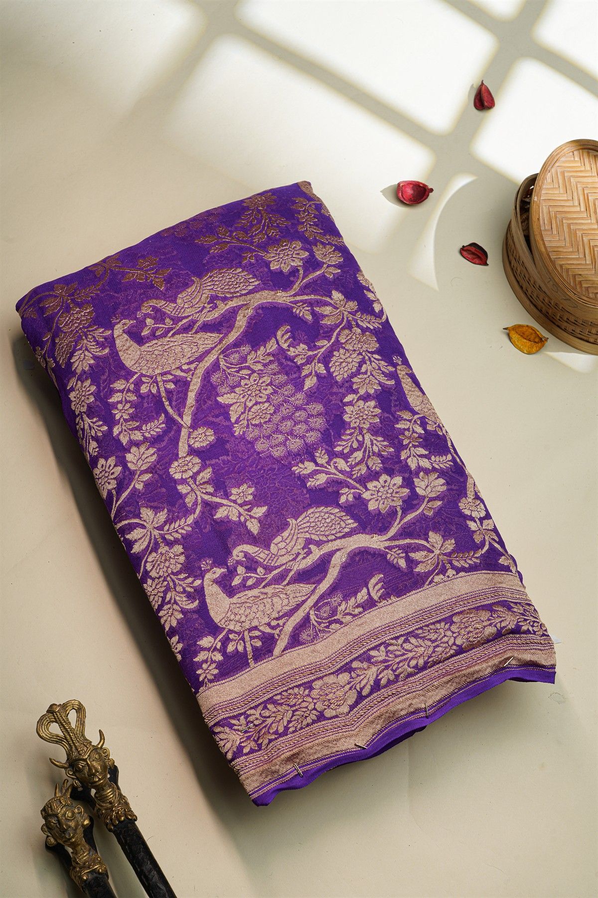 Banarasi Kaddi Georgette Lavender Saree With Florals And Peacocks In Zari Body
