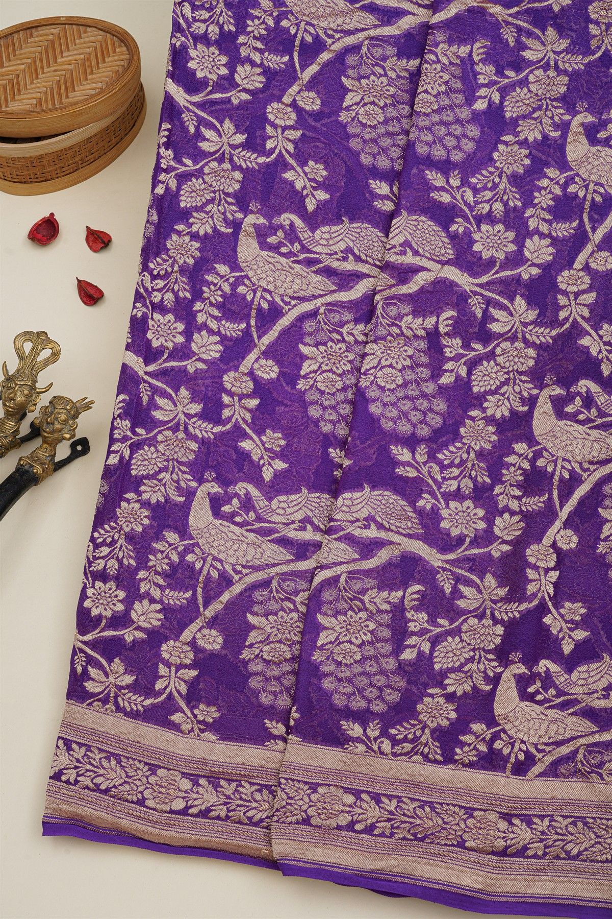 Banarasi Kaddi Georgette Lavender Saree With Florals And Peacocks In Zari Body
