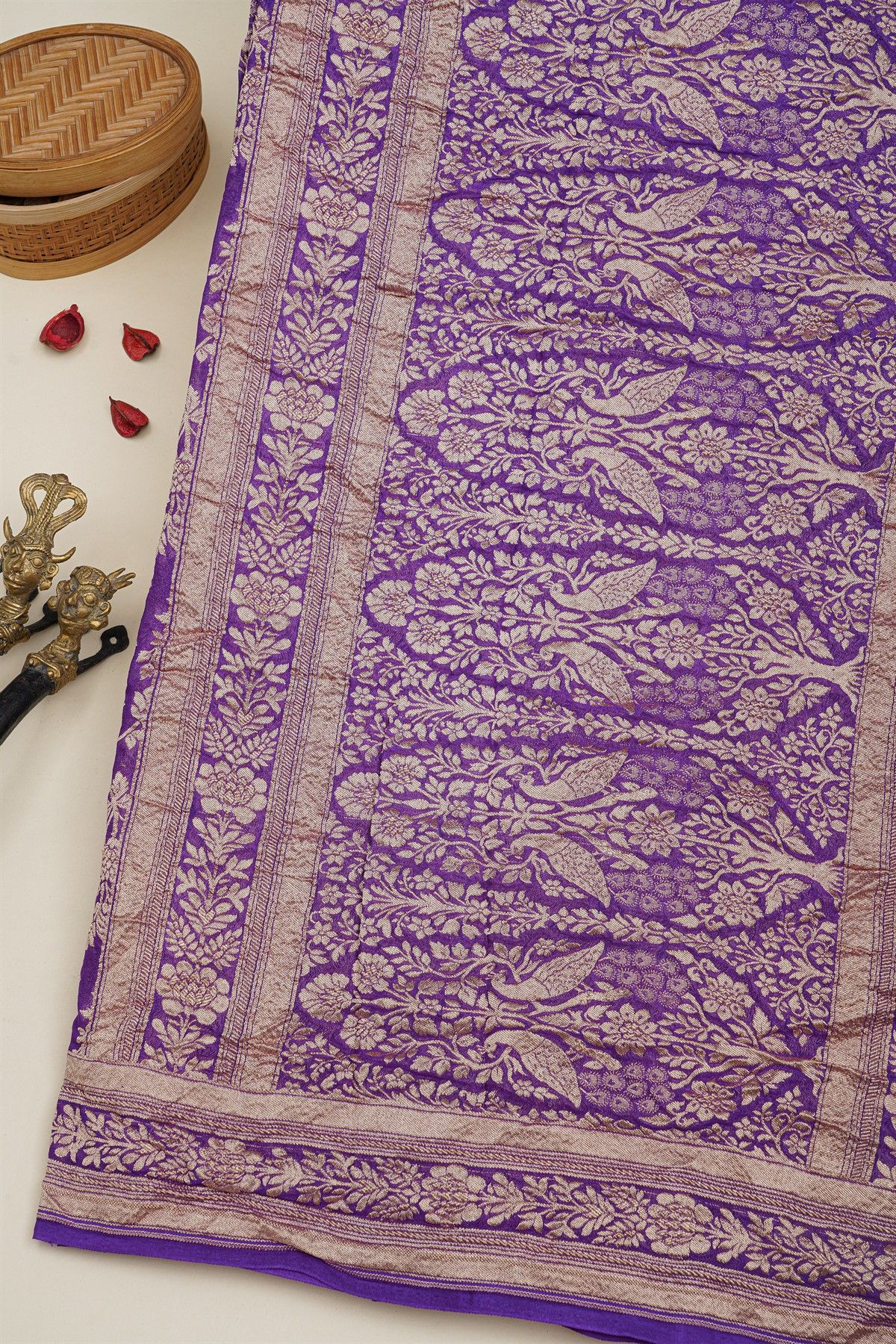 Banarasi Kaddi Georgette Lavender Saree With Florals And Peacocks In Zari Body