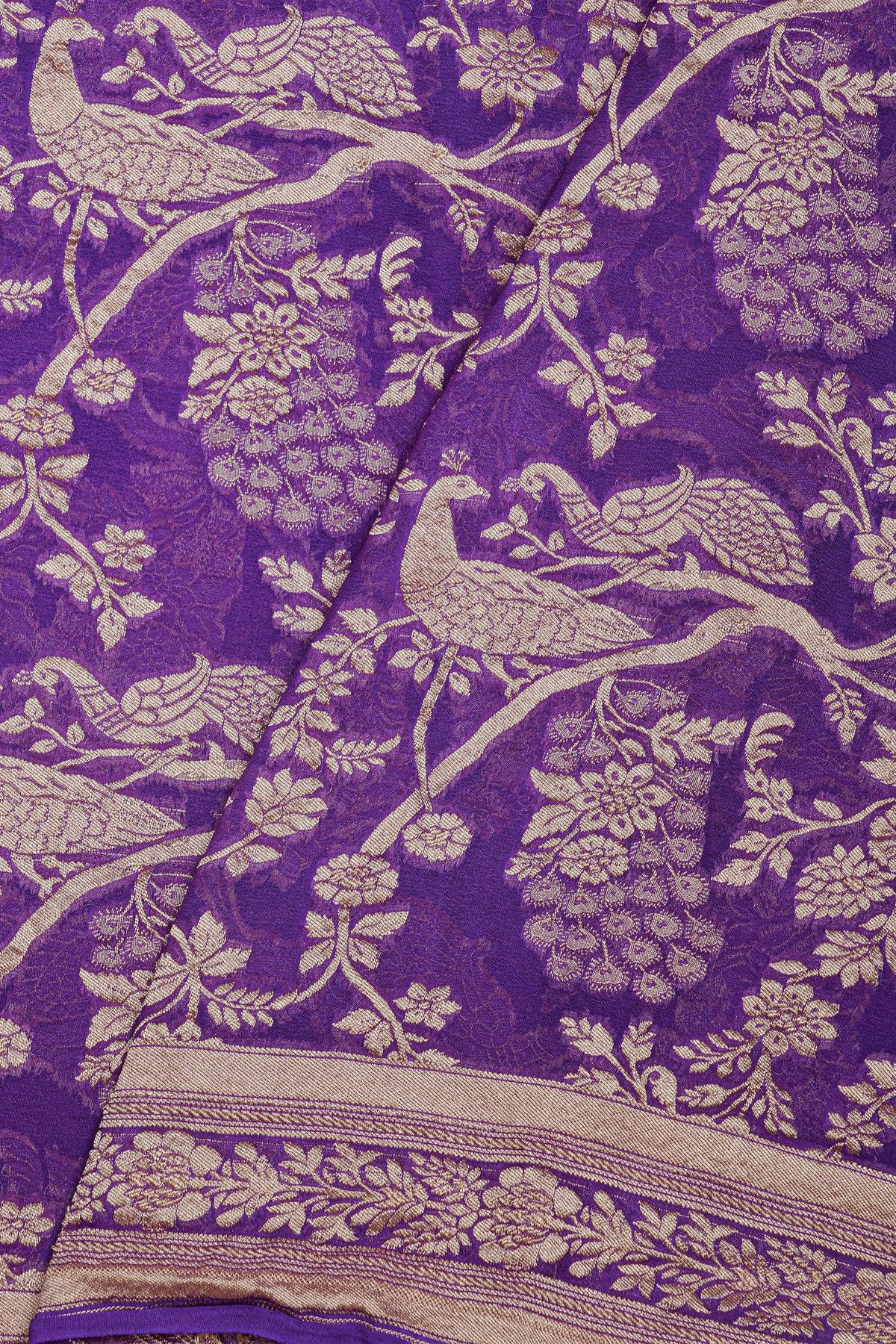 Banarasi Kaddi Georgette Lavender Saree With Florals And Peacocks In Zari Body