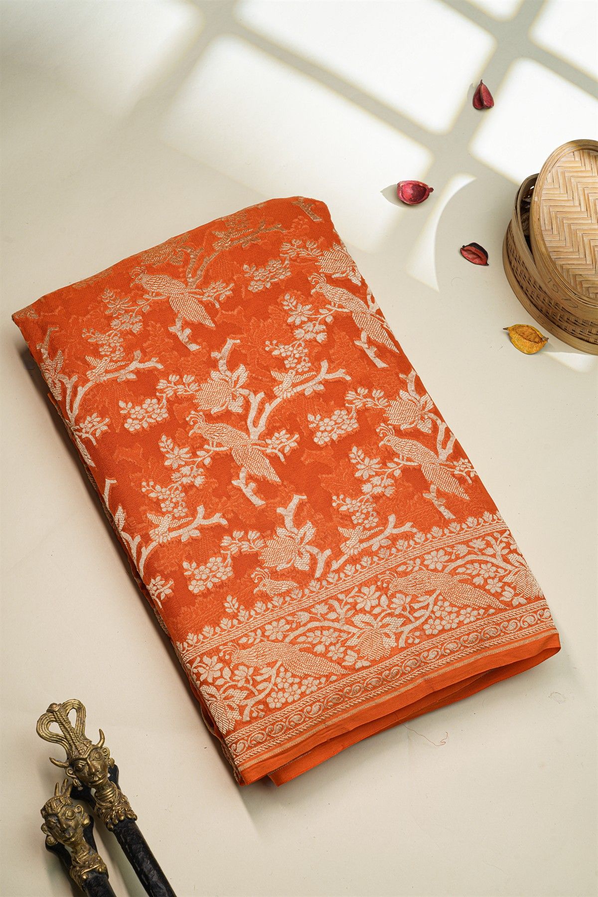 Banarasi Kaddi Georgette Orange Saree With Florals And Peacocks In Zari Body