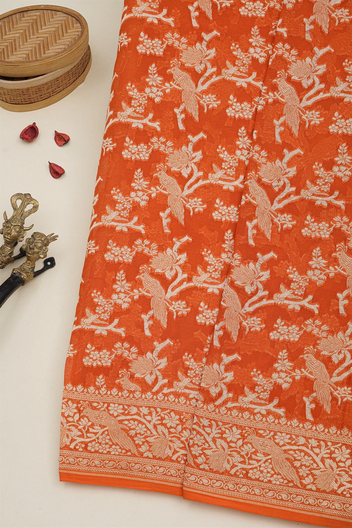 Banarasi Kaddi Georgette Orange Saree With Florals And Peacocks In Zari Body