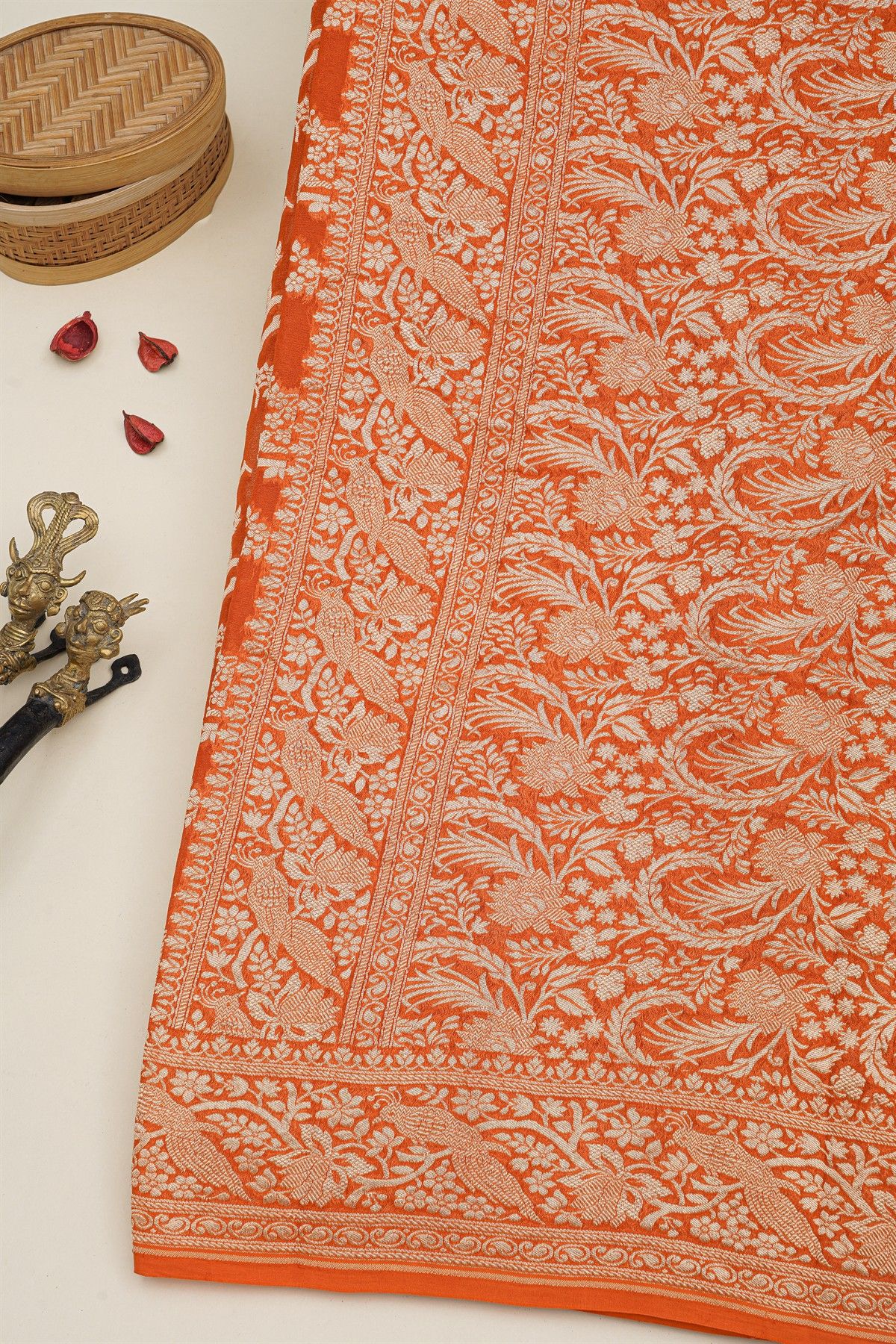 Banarasi Kaddi Georgette Orange Saree With Florals And Peacocks In Zari Body