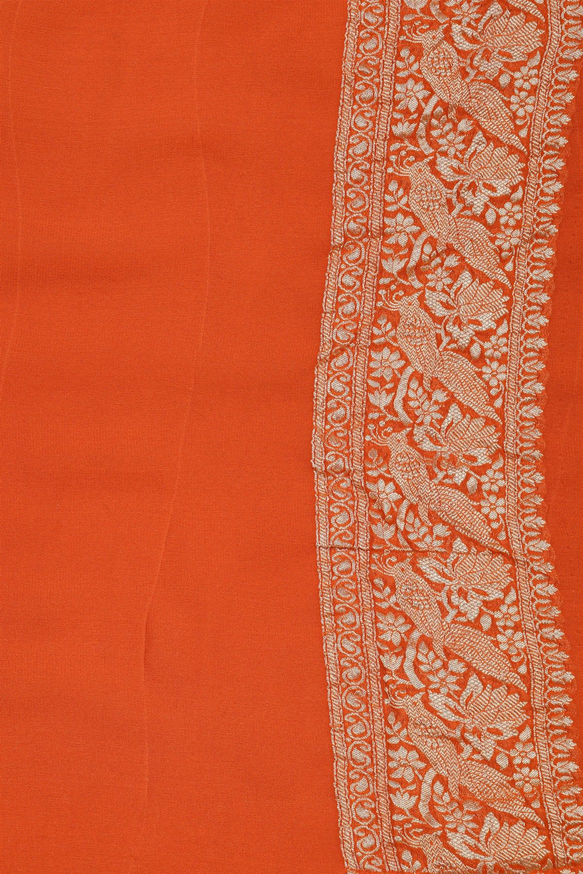 Banarasi Kaddi Georgette Orange Saree With Florals And Peacocks In Zari Body