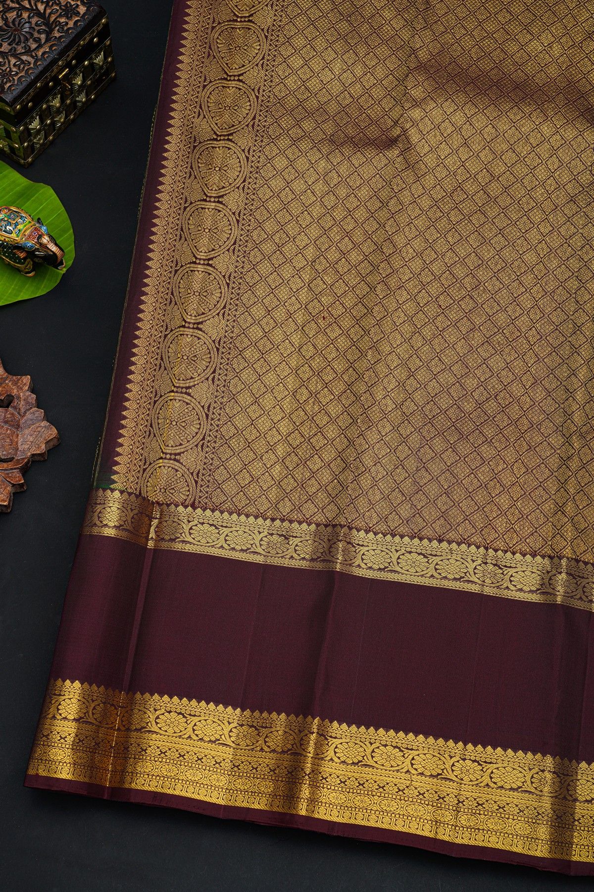 Kancheepuram Silk Bottle Green Saree With Florals And Peacocks In Zari Checks