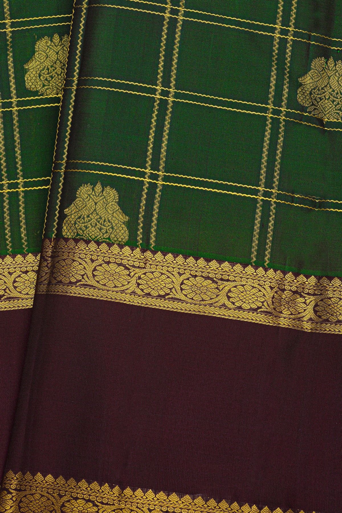 Kancheepuram Silk Bottle Green Saree With Florals And Peacocks In Zari Checks
