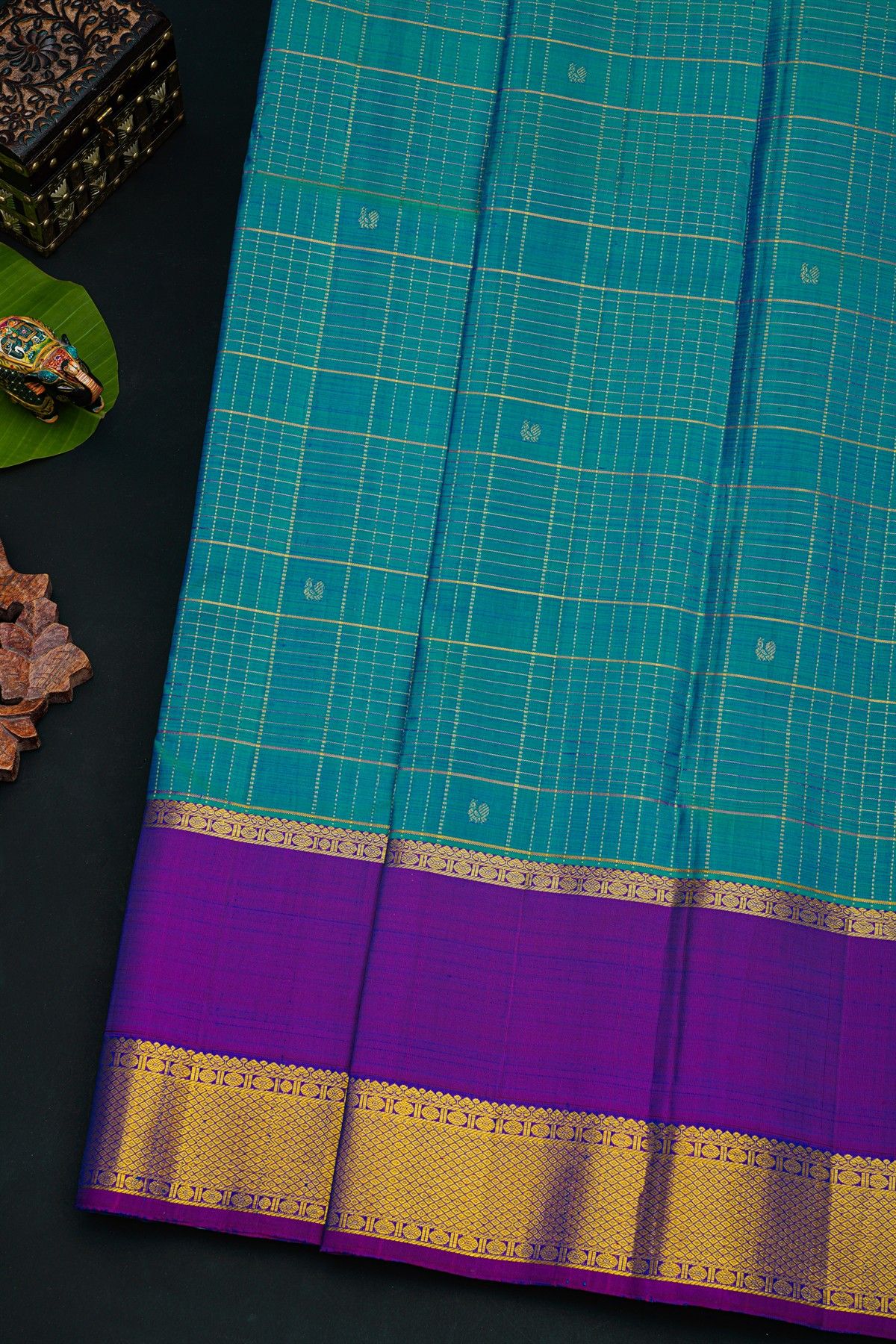 Kancheepuram Silk Blue Saree With Florals And Peacocks In Zari Checks