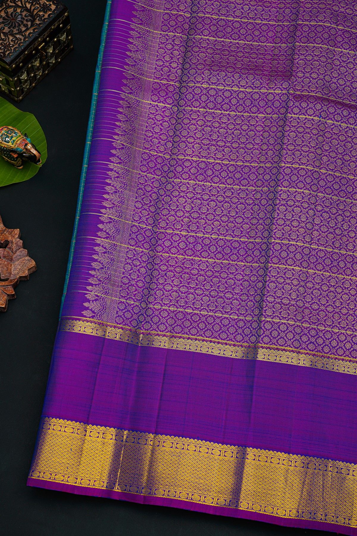 Kancheepuram Silk Blue Saree With Florals And Peacocks In Zari Checks