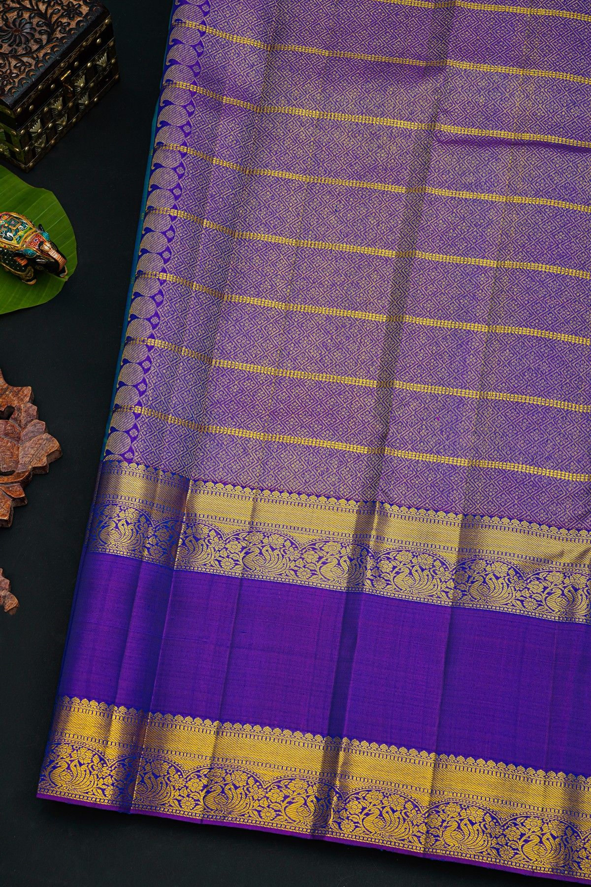 Kancheepuram Silk Peacock Blue Saree With Florals In Zari Checks Body Gap Border
