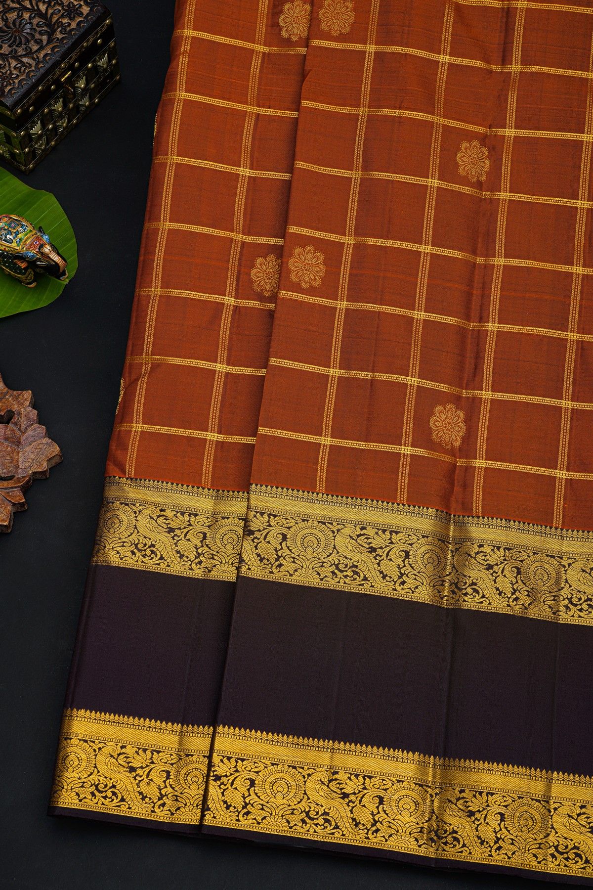 Kancheepuram Silk Rust Orange Saree With Florals In Zari Checks Body Gap Border