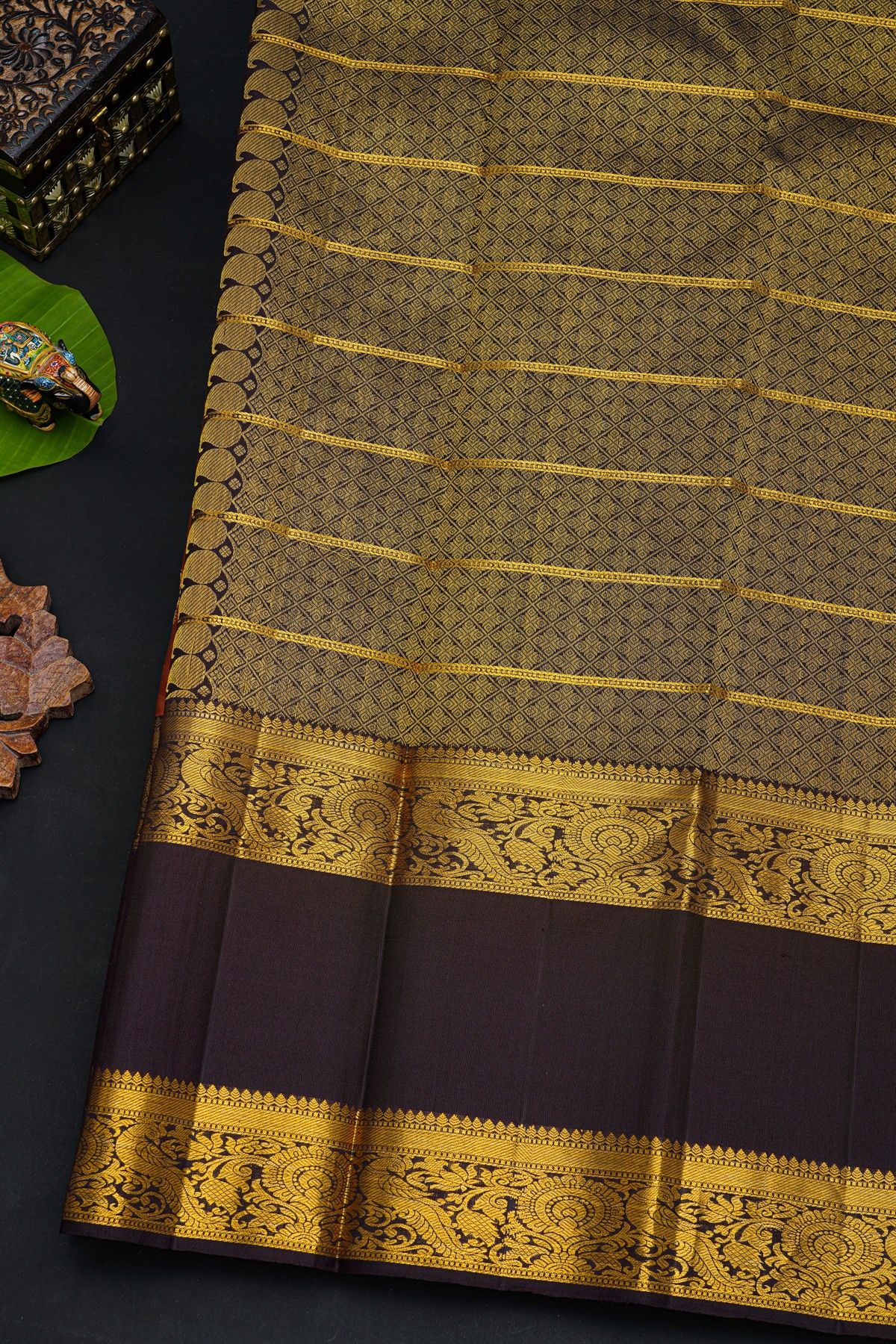 Kancheepuram Silk Rust Orange Saree With Florals In Zari Checks Body Gap Border