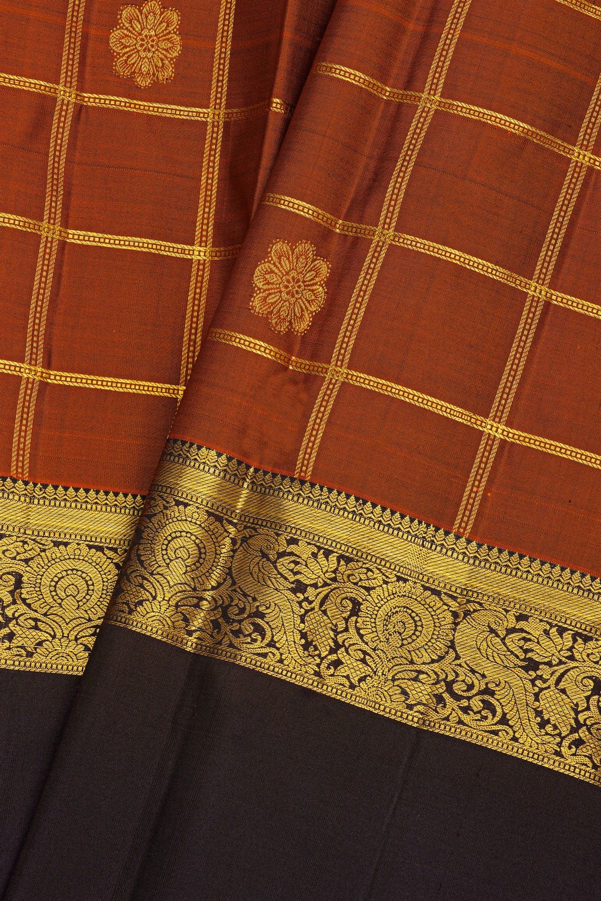 Kancheepuram Silk Rust Orange Saree With Florals In Zari Checks Body Gap Border