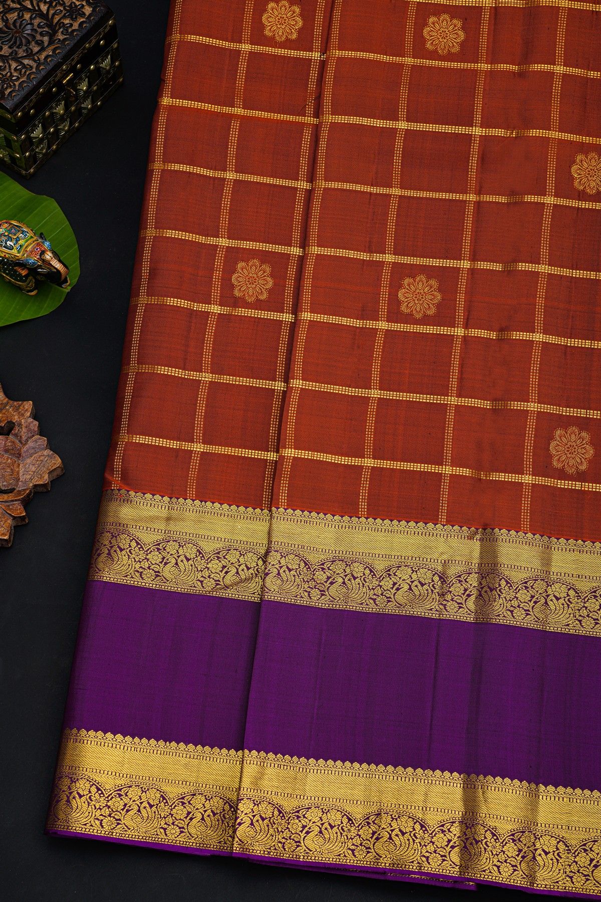 Kancheepuram Silk Brown Saree With Florals In Zari Checks Body Gap Border