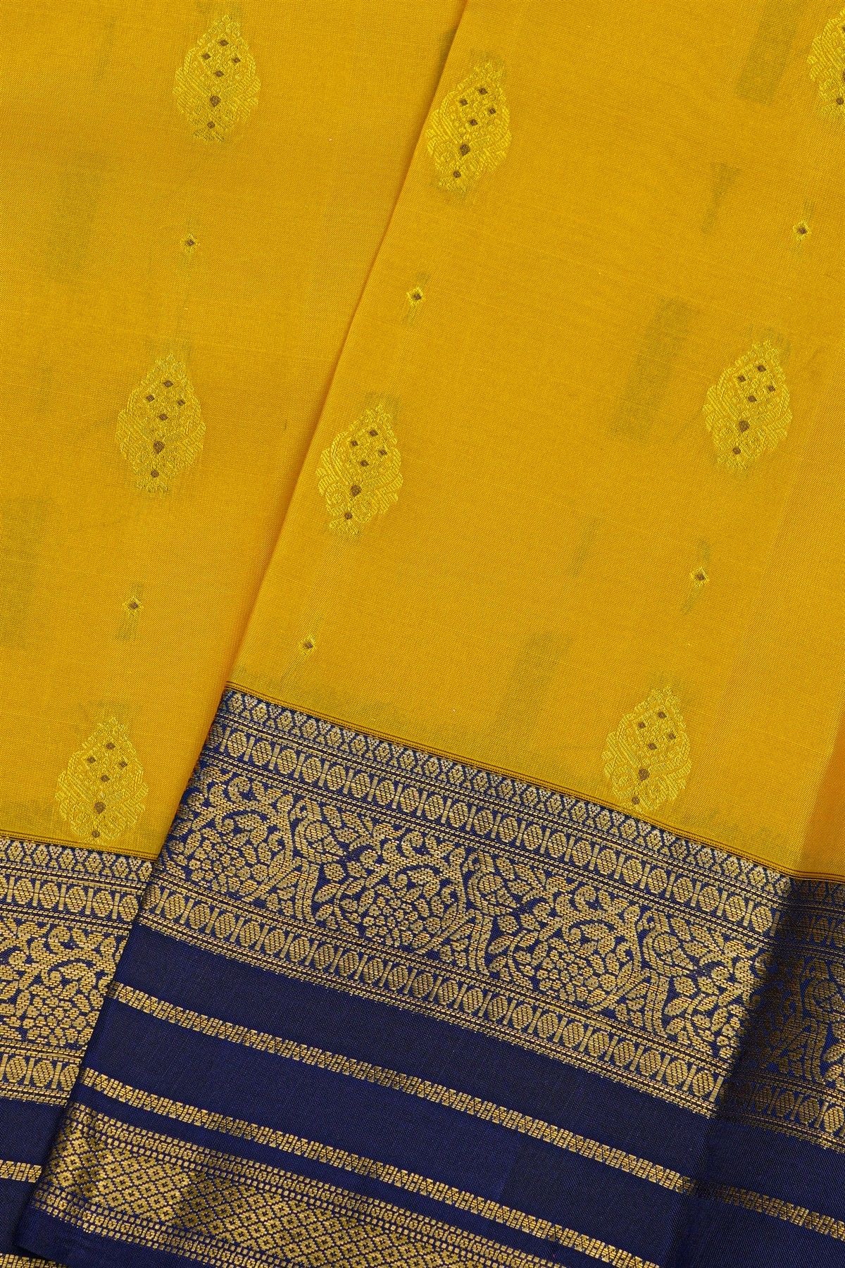 Kancheepuram Silk Yellow Saree With Florals And Leaves In Zari