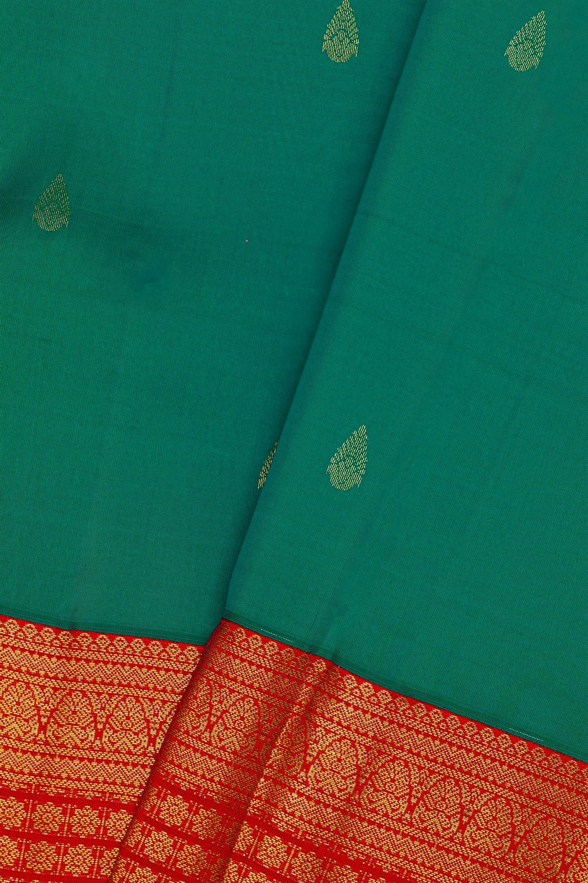 Kancheepuram Silk Peacock Green Saree With Florals And Leaves In Zari Body Red Border
