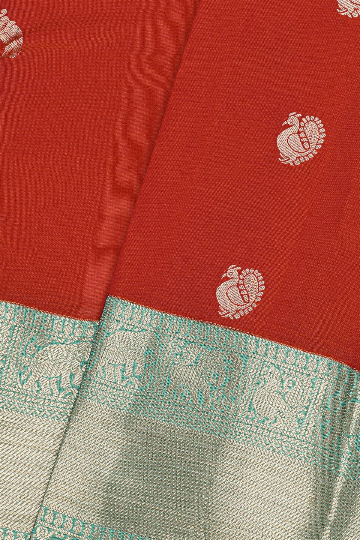 Kancheepuram Silk Red Saree With Florals And Peacocks In Zari
