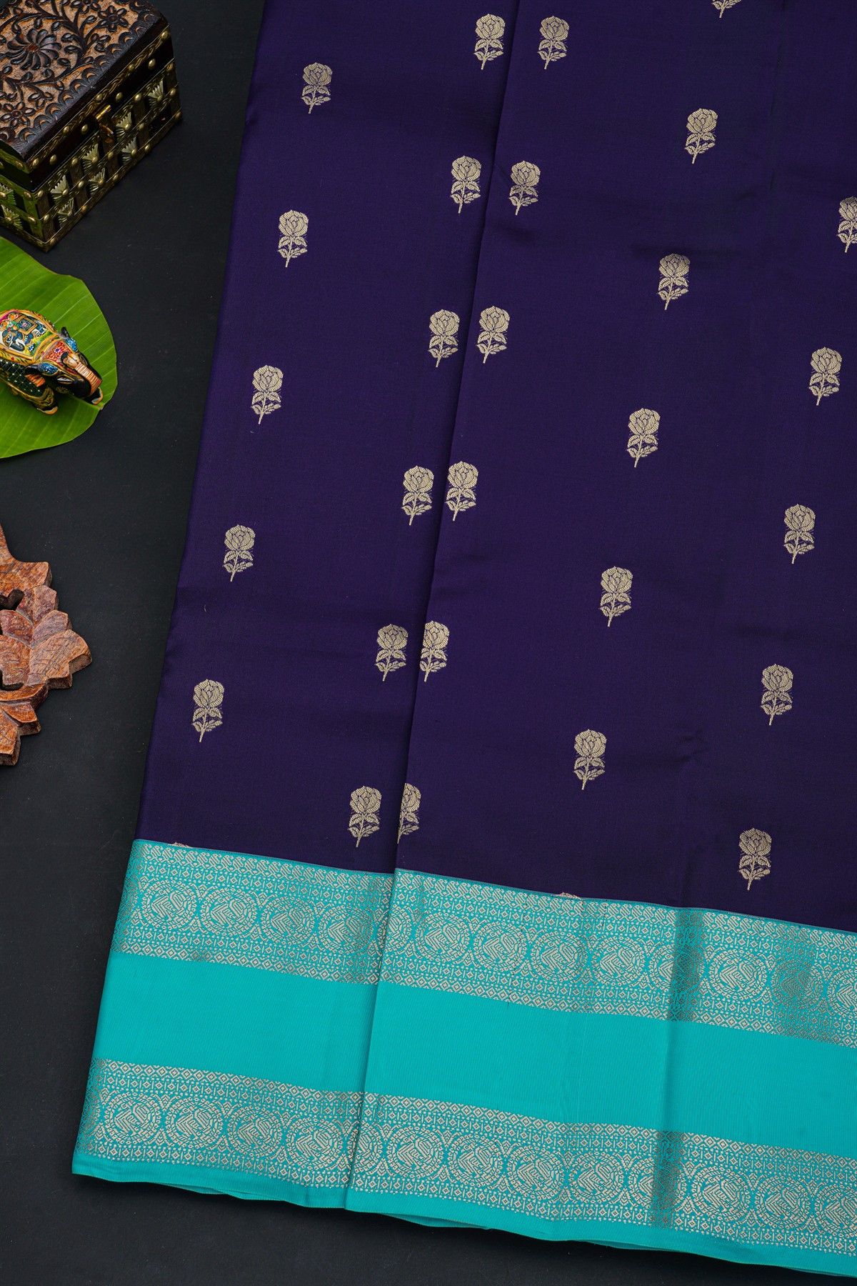 Kancheepuram Silk Navy Blue Saree With Florals And Pastel Colour Border