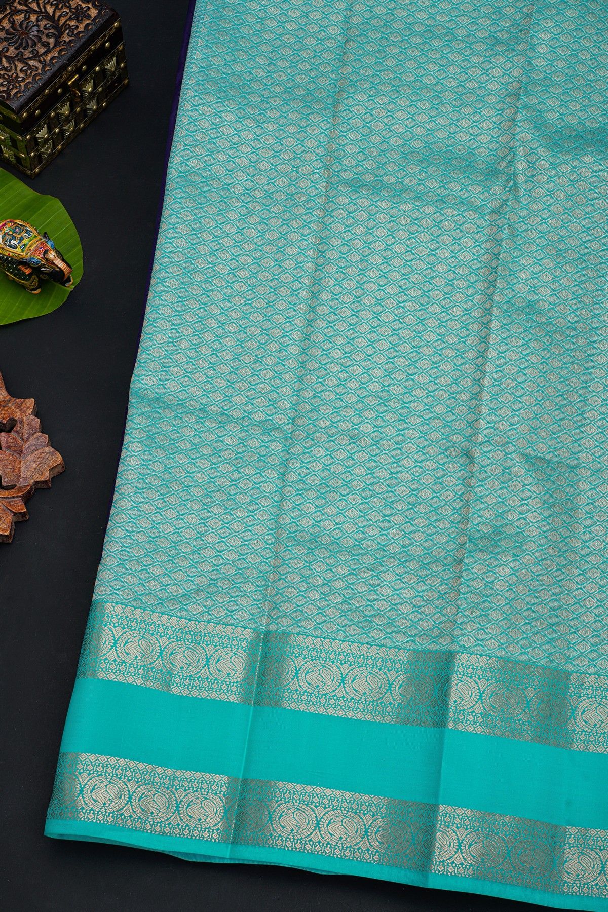 Kancheepuram Silk Navy Blue Saree With Florals And Pastel Colour Border