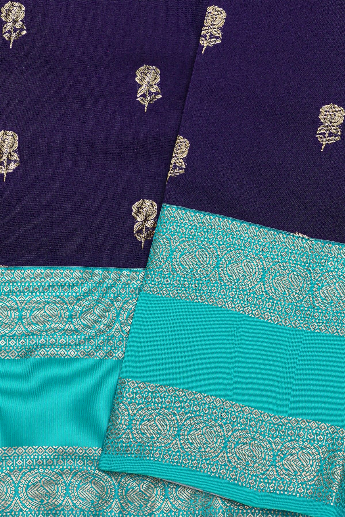 Kancheepuram Silk Navy Blue Saree With Florals And Pastel Colour Border
