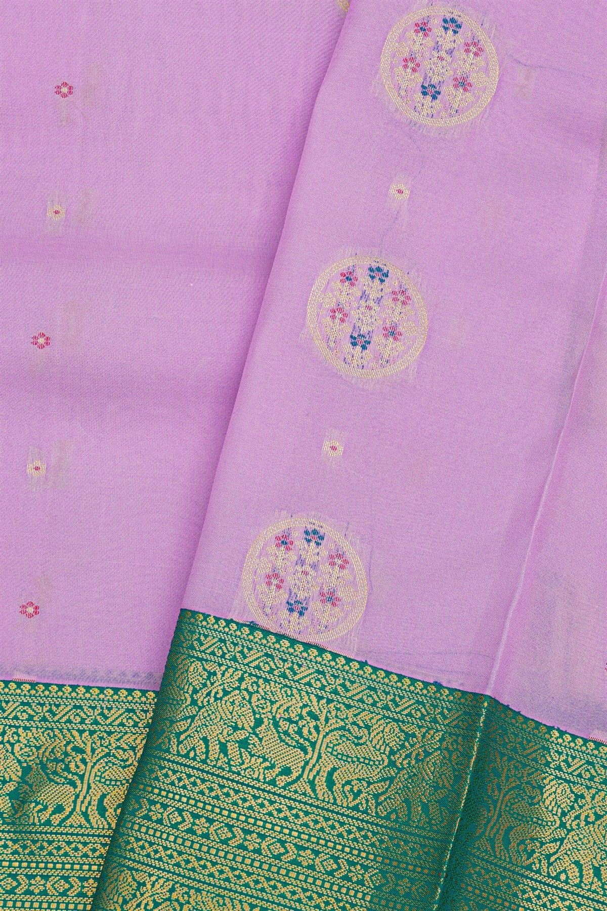Kancheepuram Silk Lavender Saree With Florals And leaves In Zari