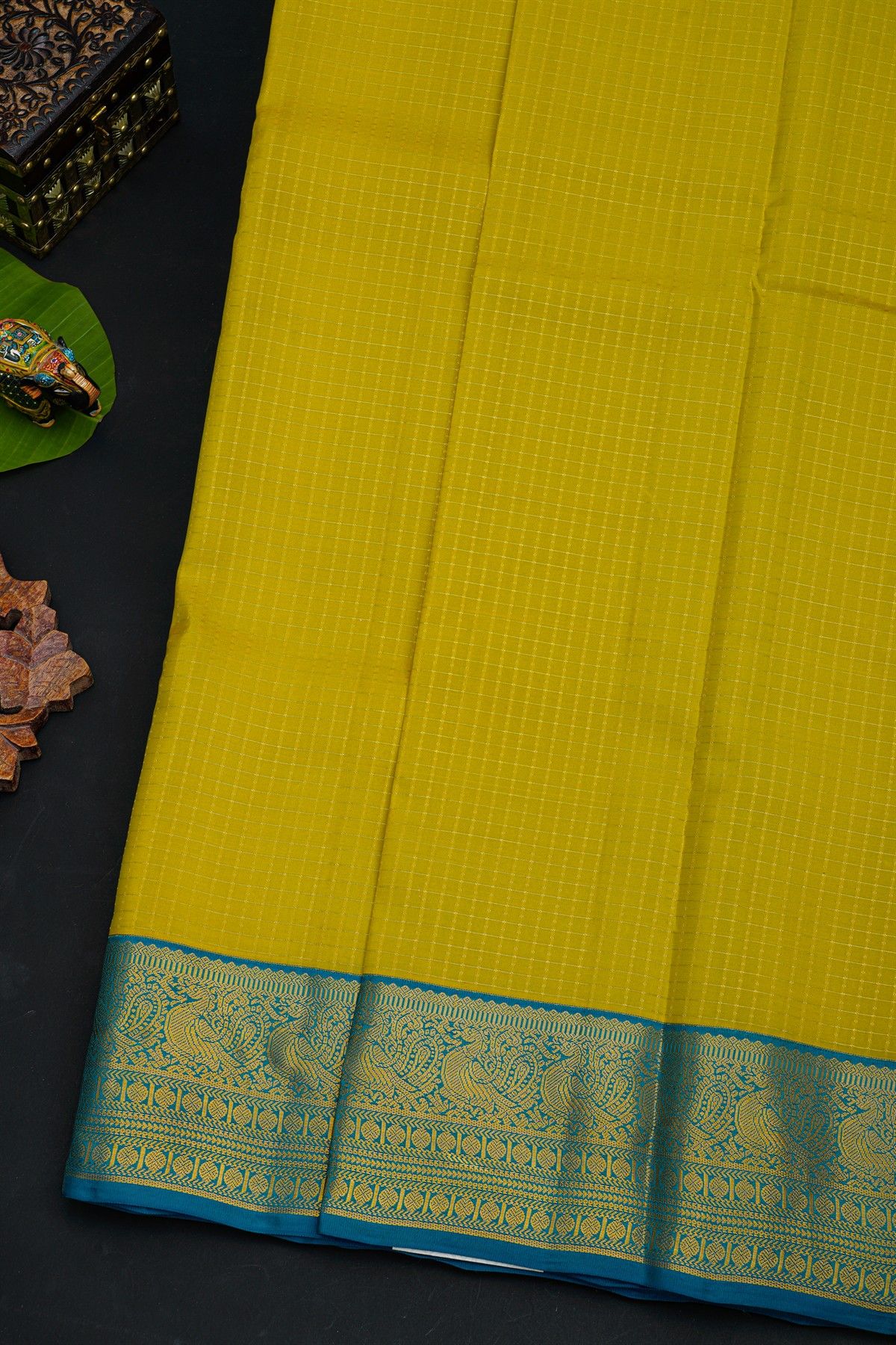 Kancheepuram Silk Mehendi Green Saree With Checks Design Peacocks Border