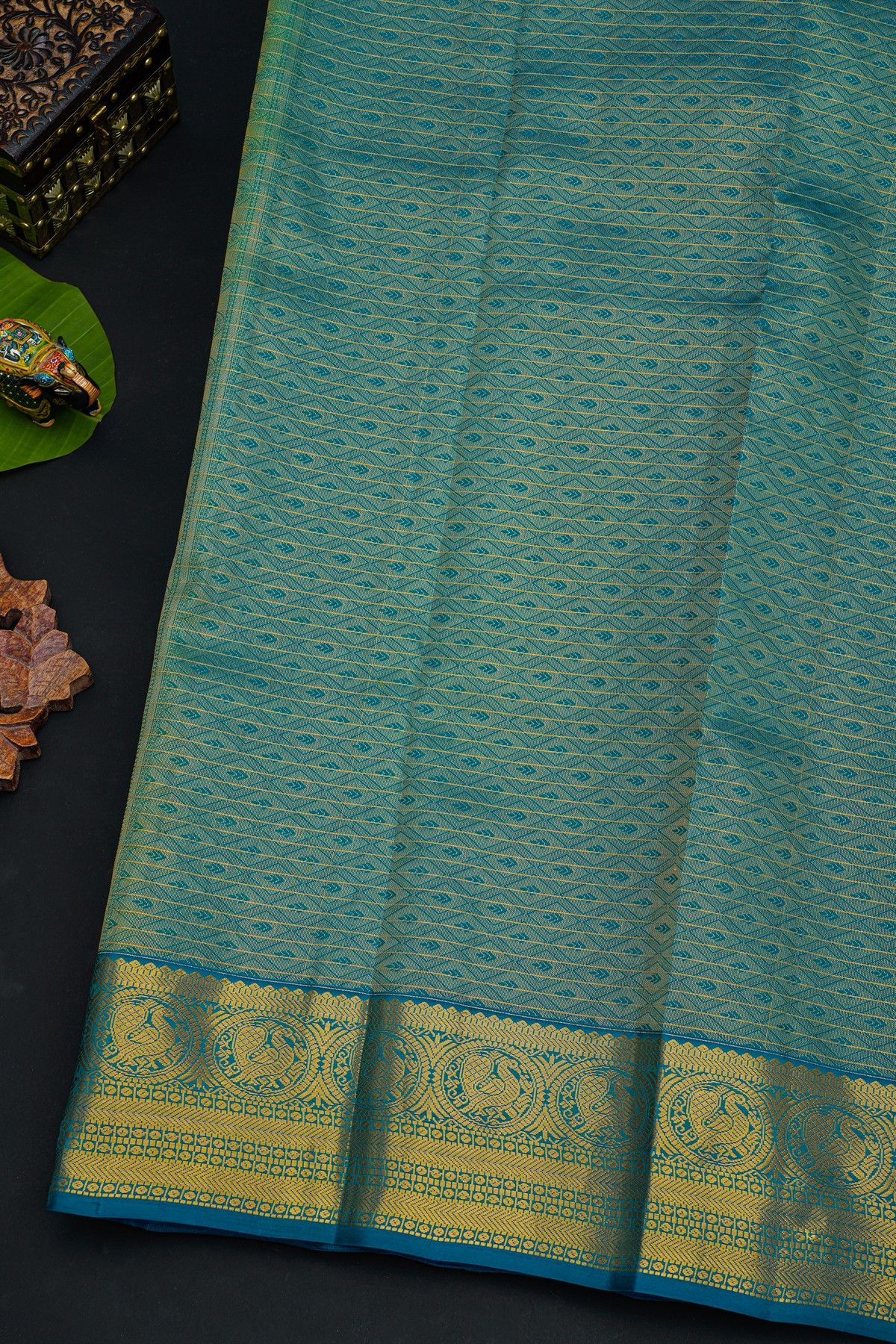 Kancheepuram Silk Mehendi Green Saree With Checks Design Peacocks Border