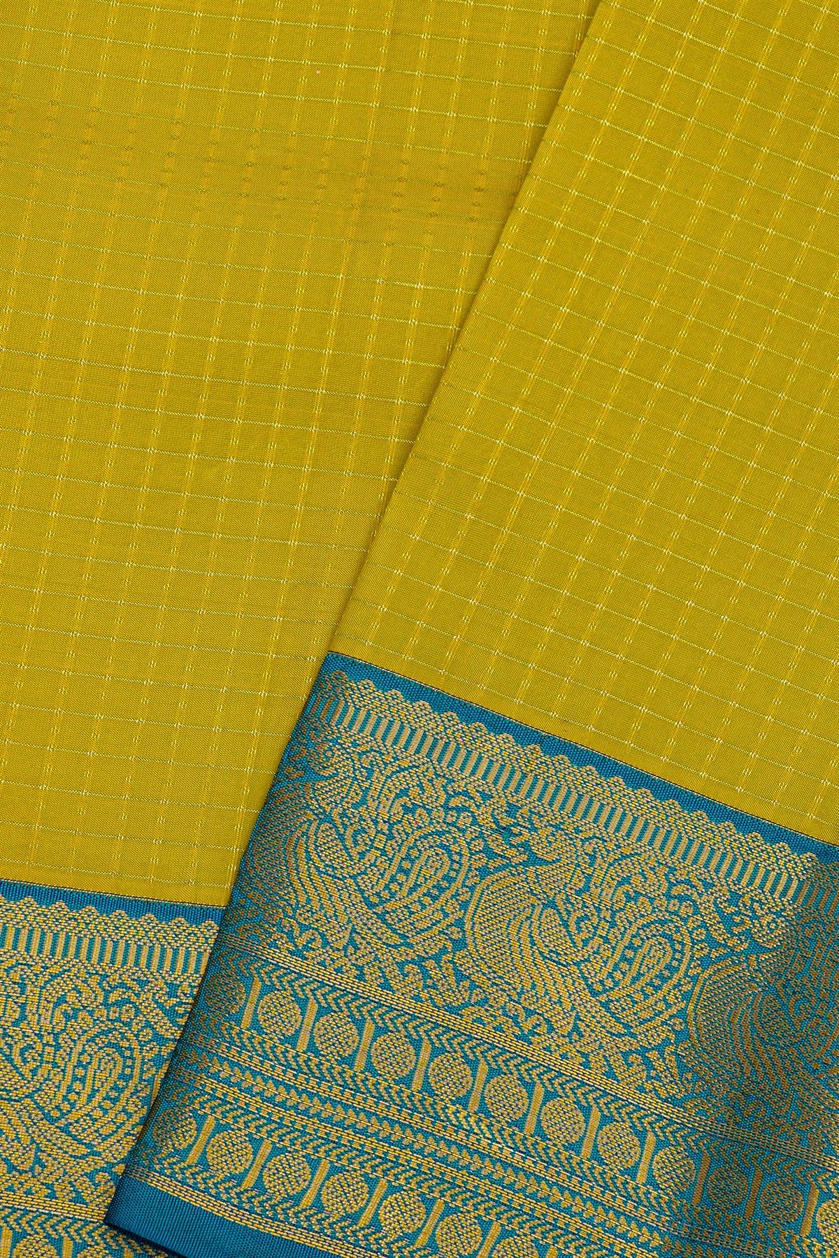 Kancheepuram Silk Mehendi Green Saree With Checks Design Peacocks Border