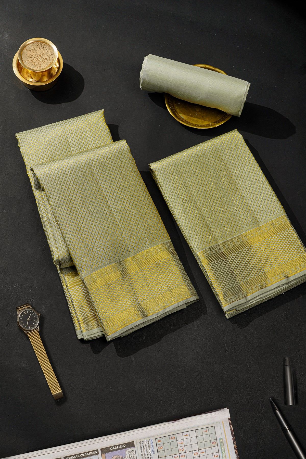 Kancheepuram Silk Off White Dhoti With Zari Buttis Border